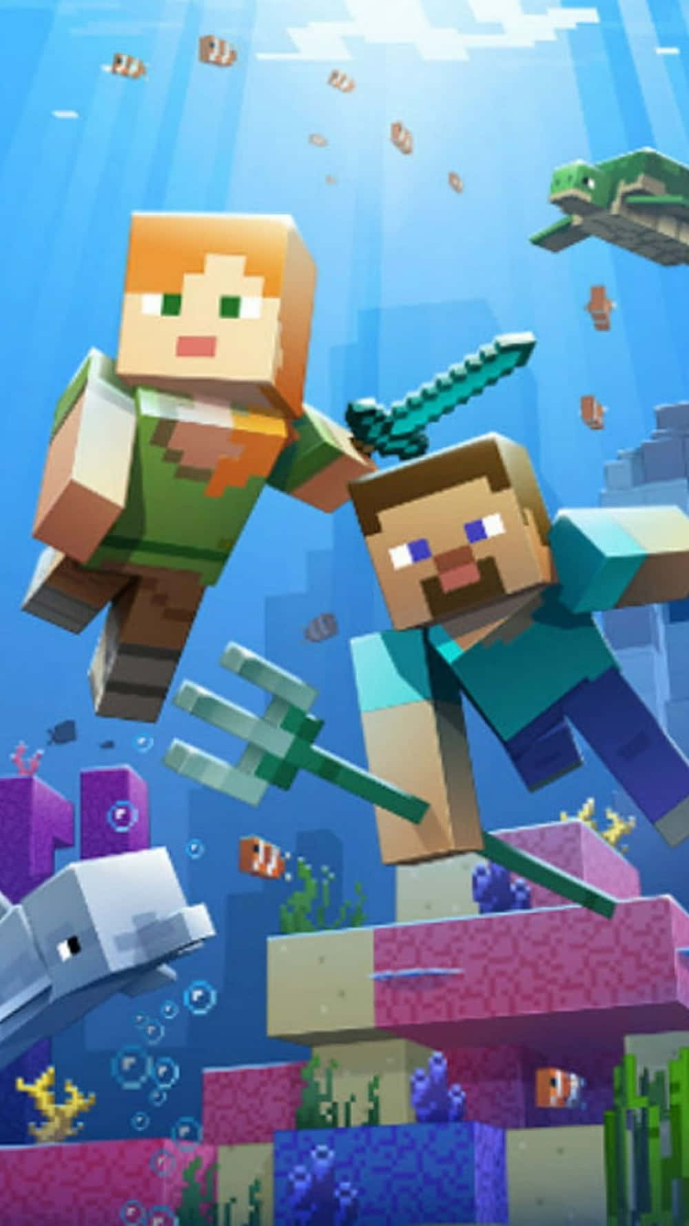 電玩遊戲 桌布 壁紙 — 兩個像素化的Minecraft角色手持武器潛入水中，周圍有魚、珊瑚和海龜。