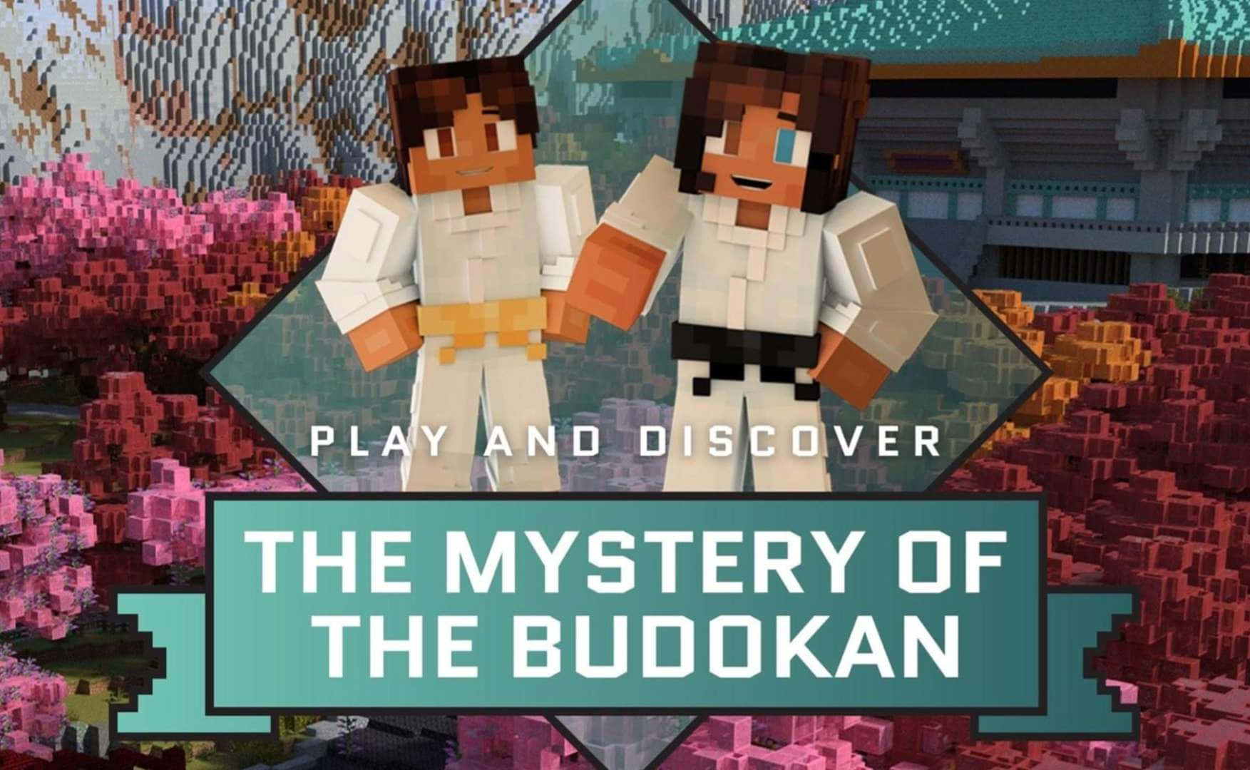 Minecraft Education Edition 桌布 壁紙 — 兩個像素化的Minecraft角色站在一個充滿活力、方塊狀的景觀中，周圍有粉紅色和橙色的植物，遠處有一座寺廟。