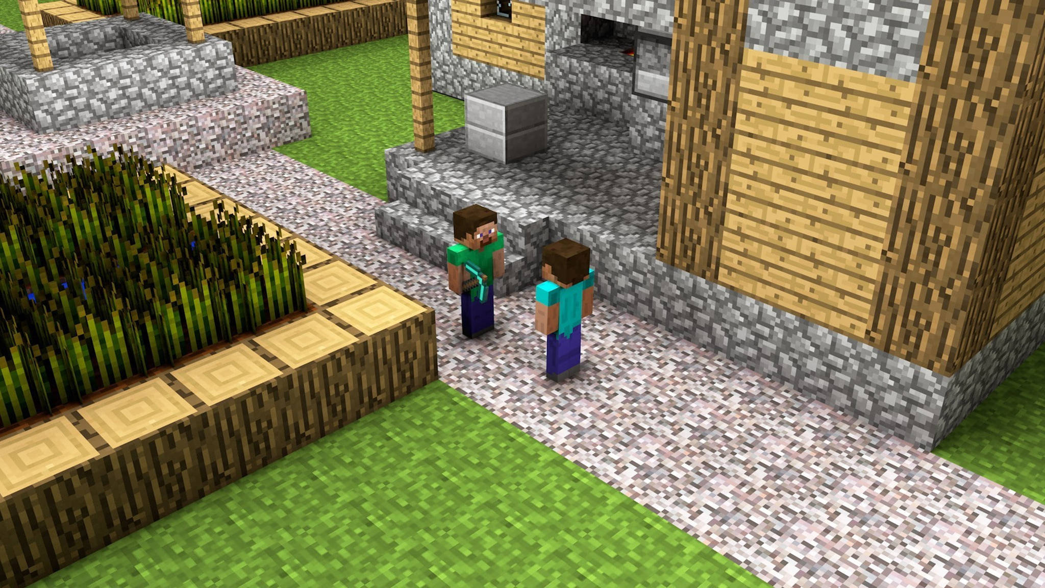 我的世界 史蒂夫 桌布 壁紙 — 兩個像素化的Minecraft角色站在一條鵝卵石小徑上，旁邊是一間有石地基和草地環境的木屋。