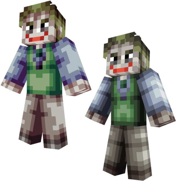 Minecraft Character 桌布 壁紙 — 兩個像素化的Minecraft角色打扮成小丑，擁有綠色頭髮、白色臉龐、紅色嘴唇和綠色背心。