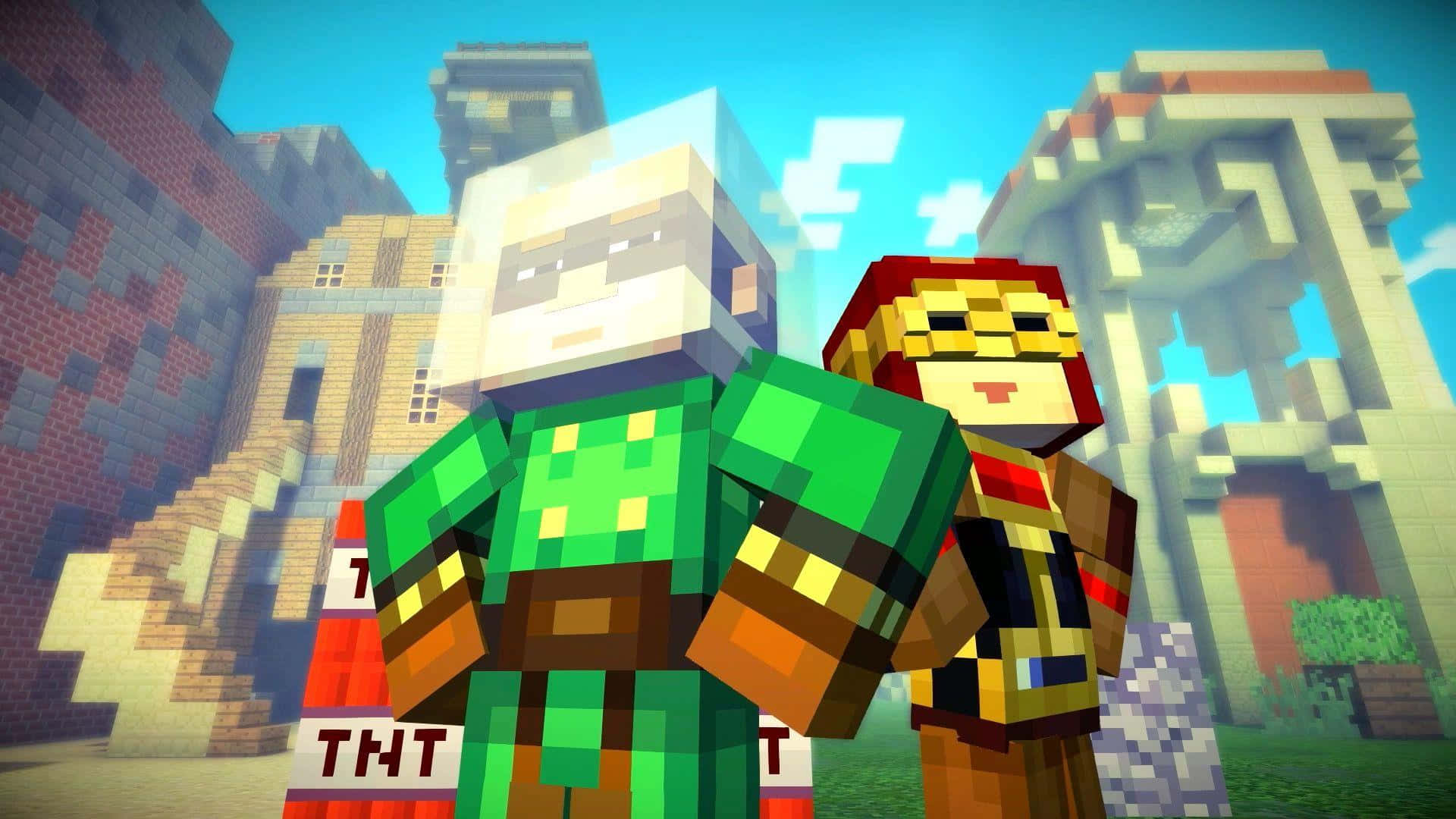 Minecraft Story Mode 桌布 壁紙 — 兩個像素化的Minecraft角色在一個方塊村莊中，在明亮藍天下站在一個TNT方塊旁邊。