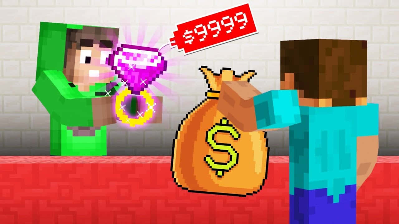 Jelly YouTube 桌布 壁紙 — 兩個像素化的Minecraft角色在磚牆前用一枚發光的鑽石戒指交換一個標有$9999的錢袋。