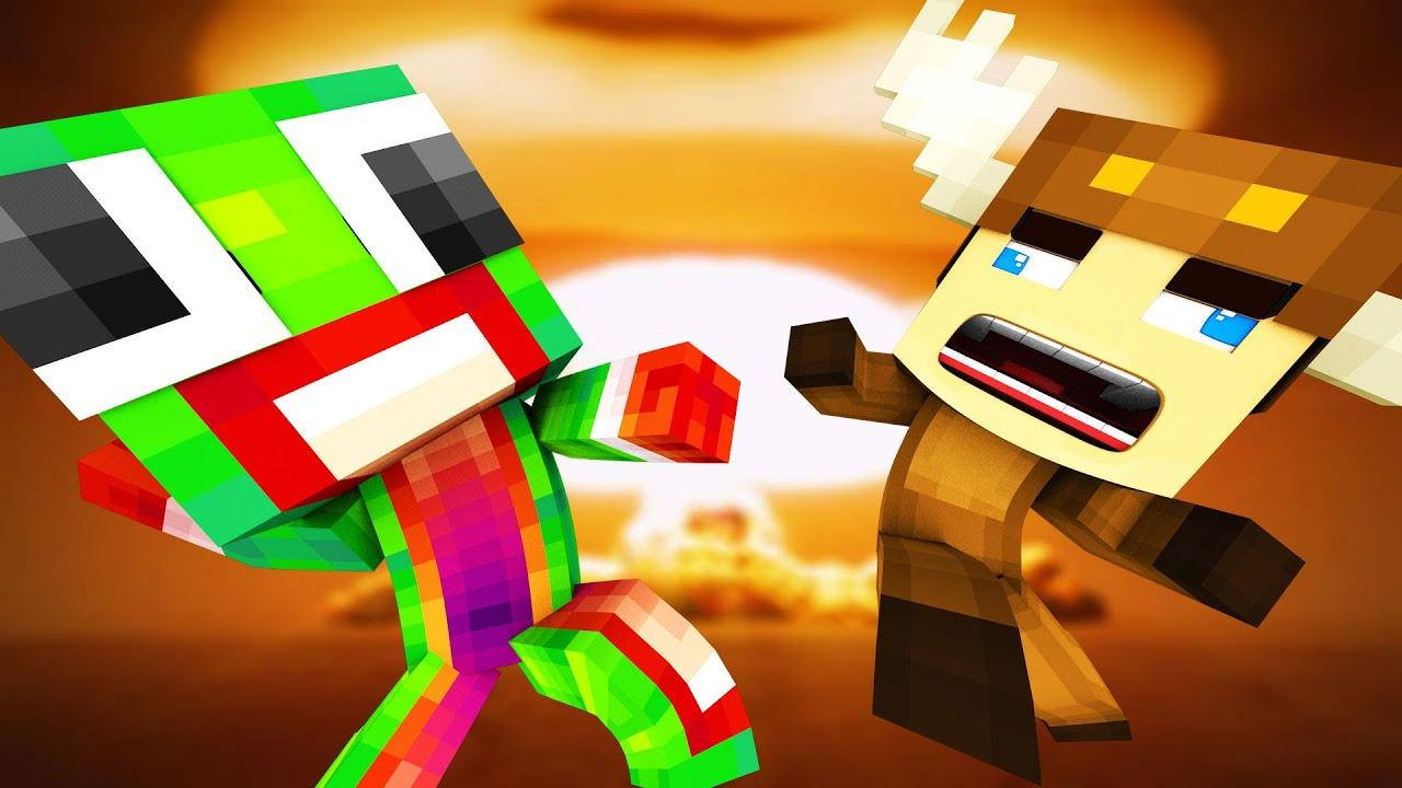 Unspeakable 桌布 壁紙 — 兩個像素化的Minecraft風格角色在熾熱的日落背景下動態碰撞。