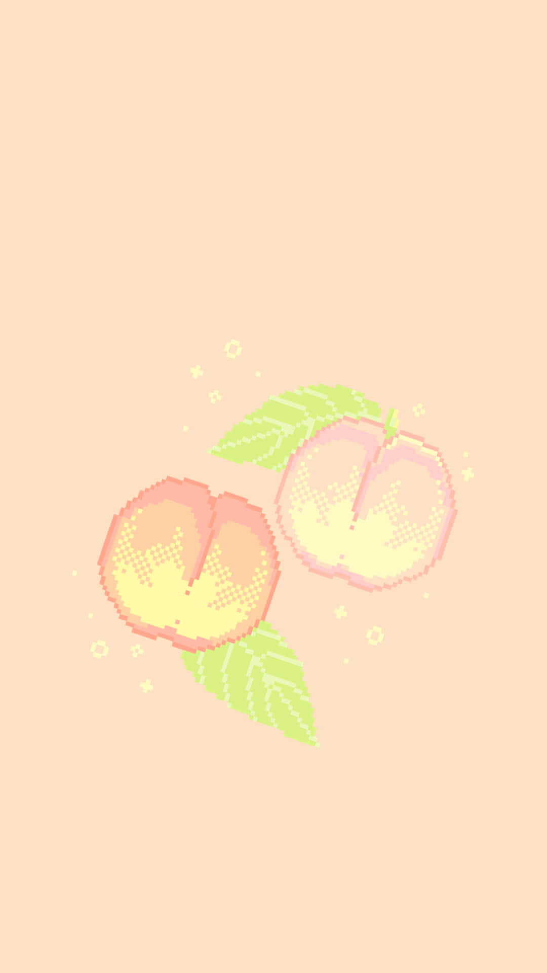 Cute Peach 桌布 壁紙 — 兩個像素化的桃子，帶有綠色葉子，在飾有微小閃光的柔和桃子背景上輕輕漂浮。