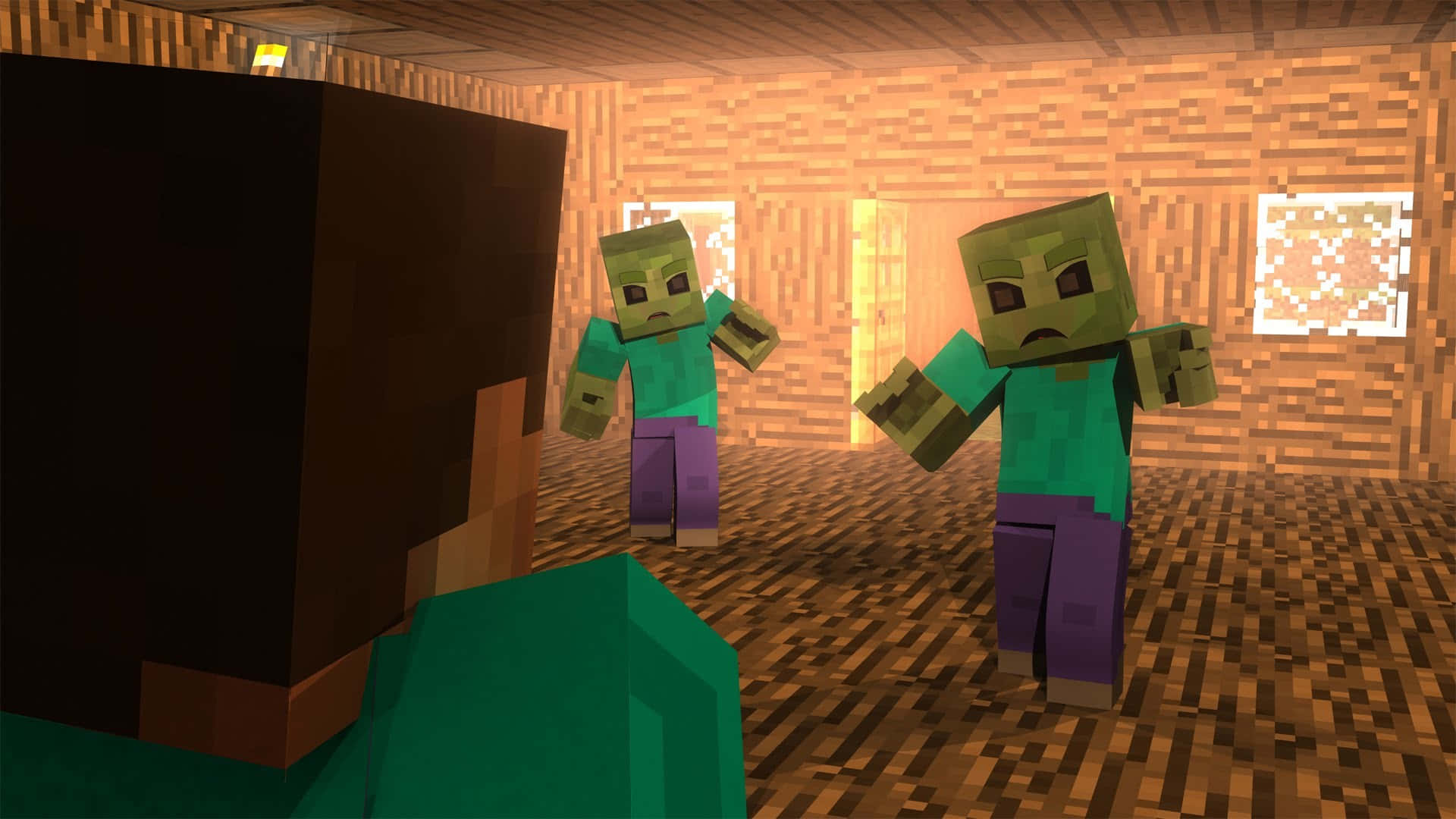 Minecraft Zombie 桌布 壁紙 — 兩個像素化的殭屍角色站在一個木造的Minecraft房子裡，面向一個玩家角色。
