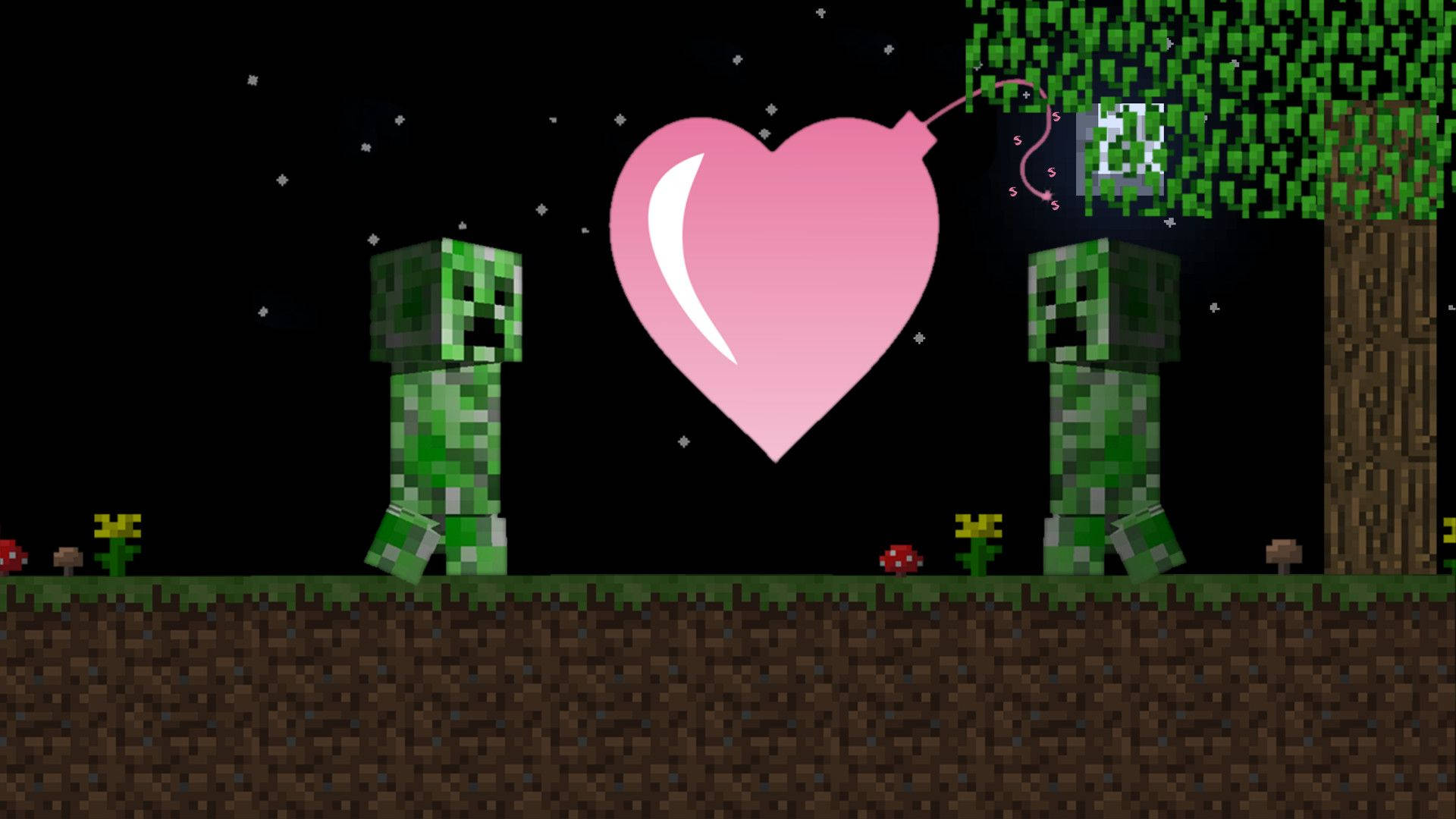 Creeper 桌布 壁紙 — 兩個像素化的爬行者在星空下麵對面站立，中間有一個大粉紅色心形。