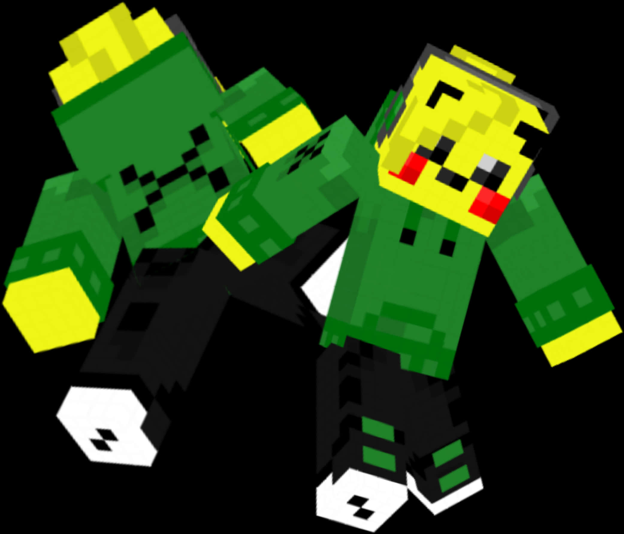 Minecraft Skins 桌布 壁紙 — 兩個像素化的綠色Minecraft風格角色，黃色頭和紅色臉頰，在黑色背景前動態擺姿勢。