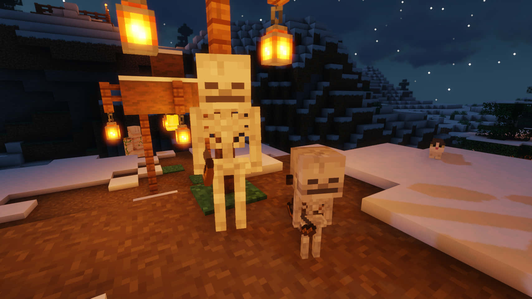 Minecraft Skeleton 桌布 壁紙 — 兩個像素化的骷髏在星空下夜晚的雪地Minecraft村莊中站在發光的燈籠下。
