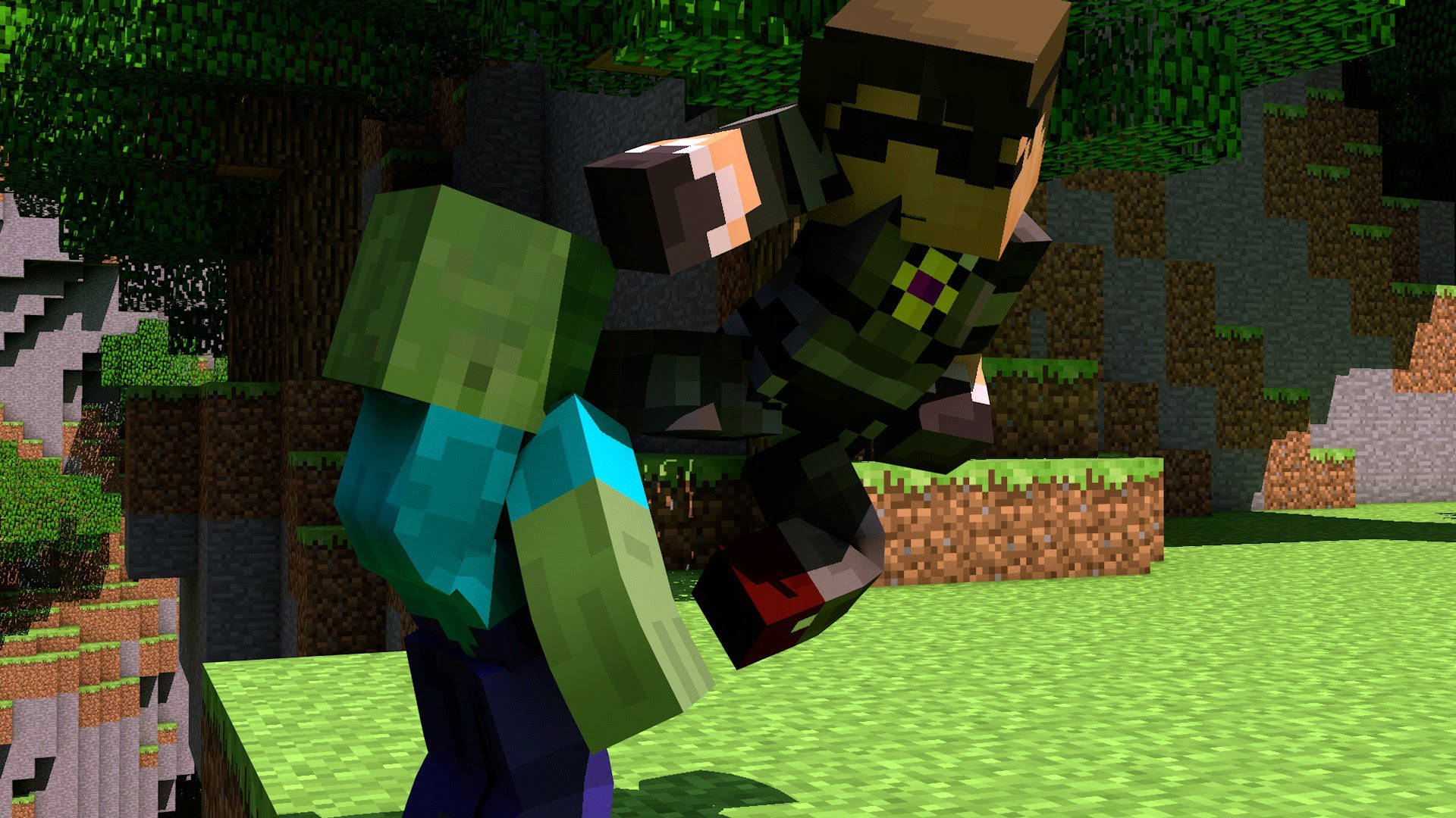 我的世界 史蒂夫 桌布 壁紙 — 兩個像素方塊風格的Minecraft角色在一個有樹木和泥土方塊的草地森林生物群落中碰撞。