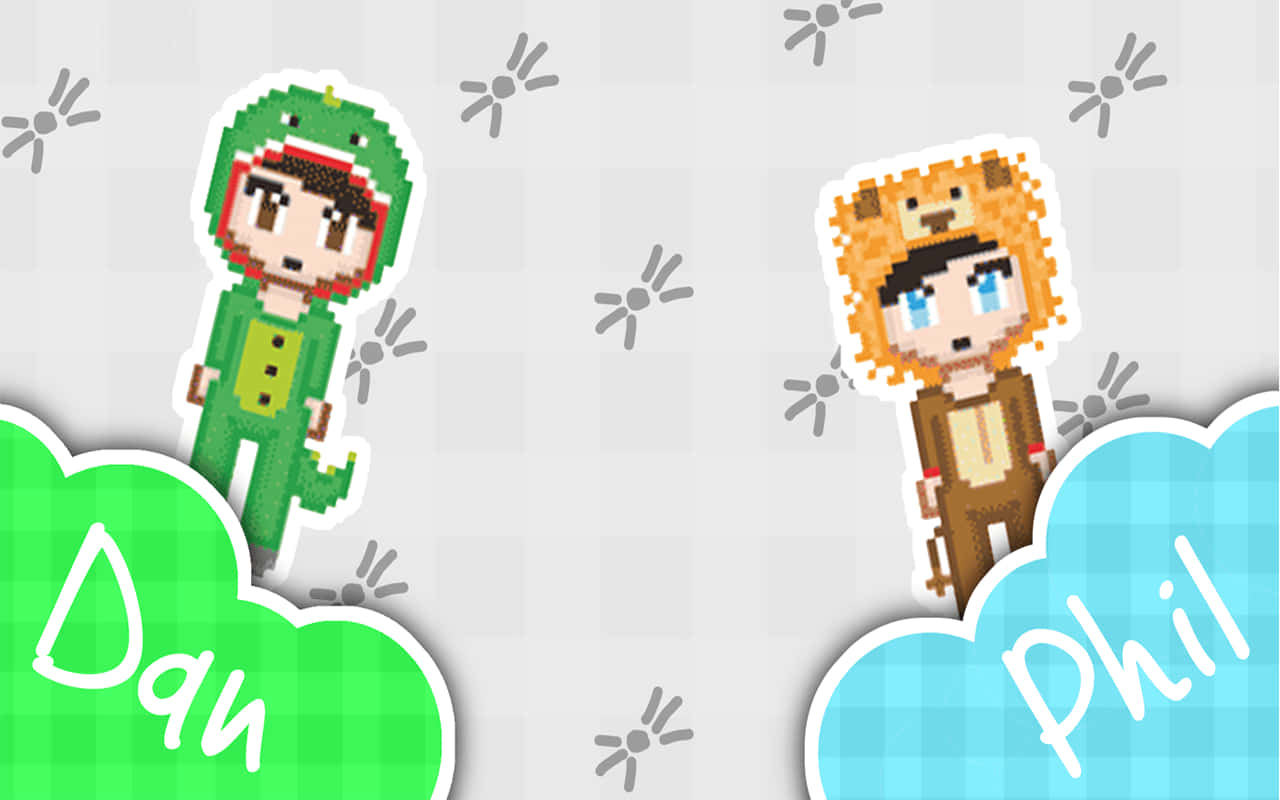 dan and phil 桌布 壁紙 — 兩個像素藝術角色穿著動物服裝，站在標有 Dan 和 Phil 的彩色雲朵上，背景為灰色並帶有閃光。