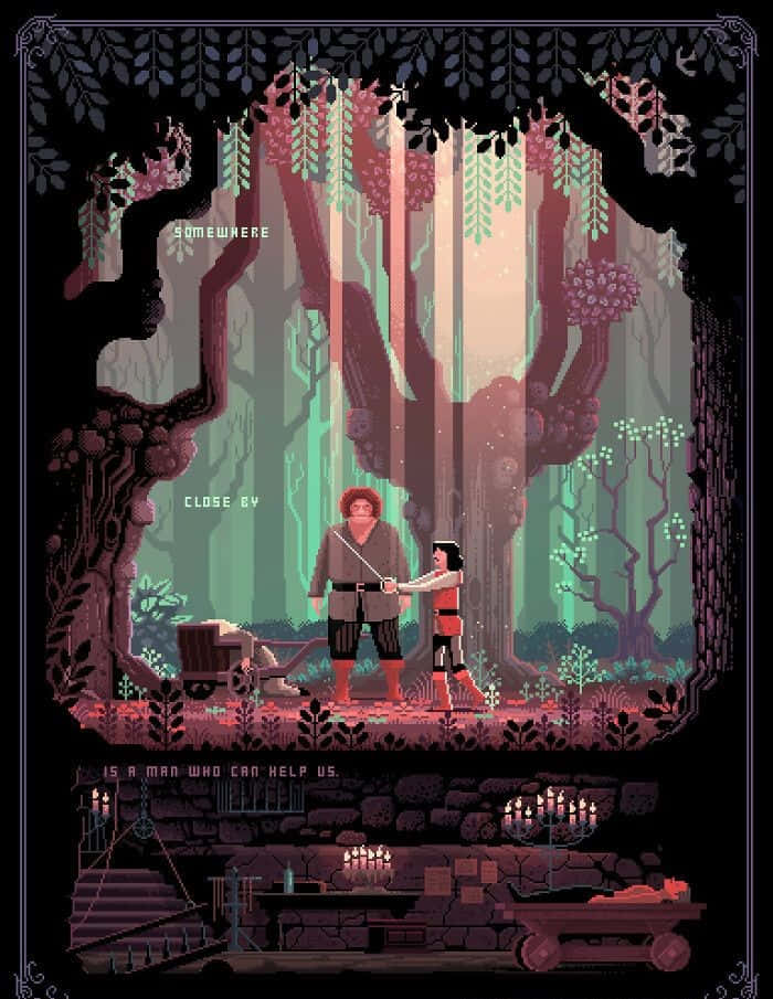 Gaming Art 桌布 壁紙 — 兩個像素藝術角色站在一個神秘森林空地中，周圍環繞著懸垂的藤蔓和發光的樹木，下方有一個石室。