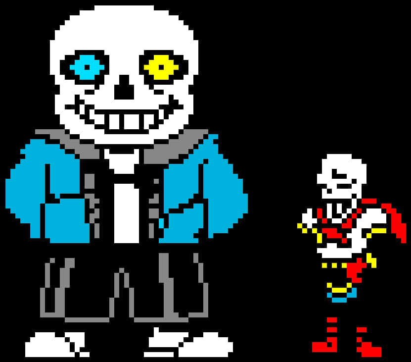 Undertale 桌布 壁紙 — 兩個像素藝術骷髏，一個大的穿著藍色外套和彩色眼睛，另一個小的穿著紅色和黃色，背景是黑色。