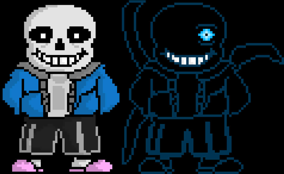 Undertale 桌布 壁紙 — 兩個像素藝術骷髏並排站立，一個穿著藍色外套，另一個發出藍光單眼，背景為黑色。