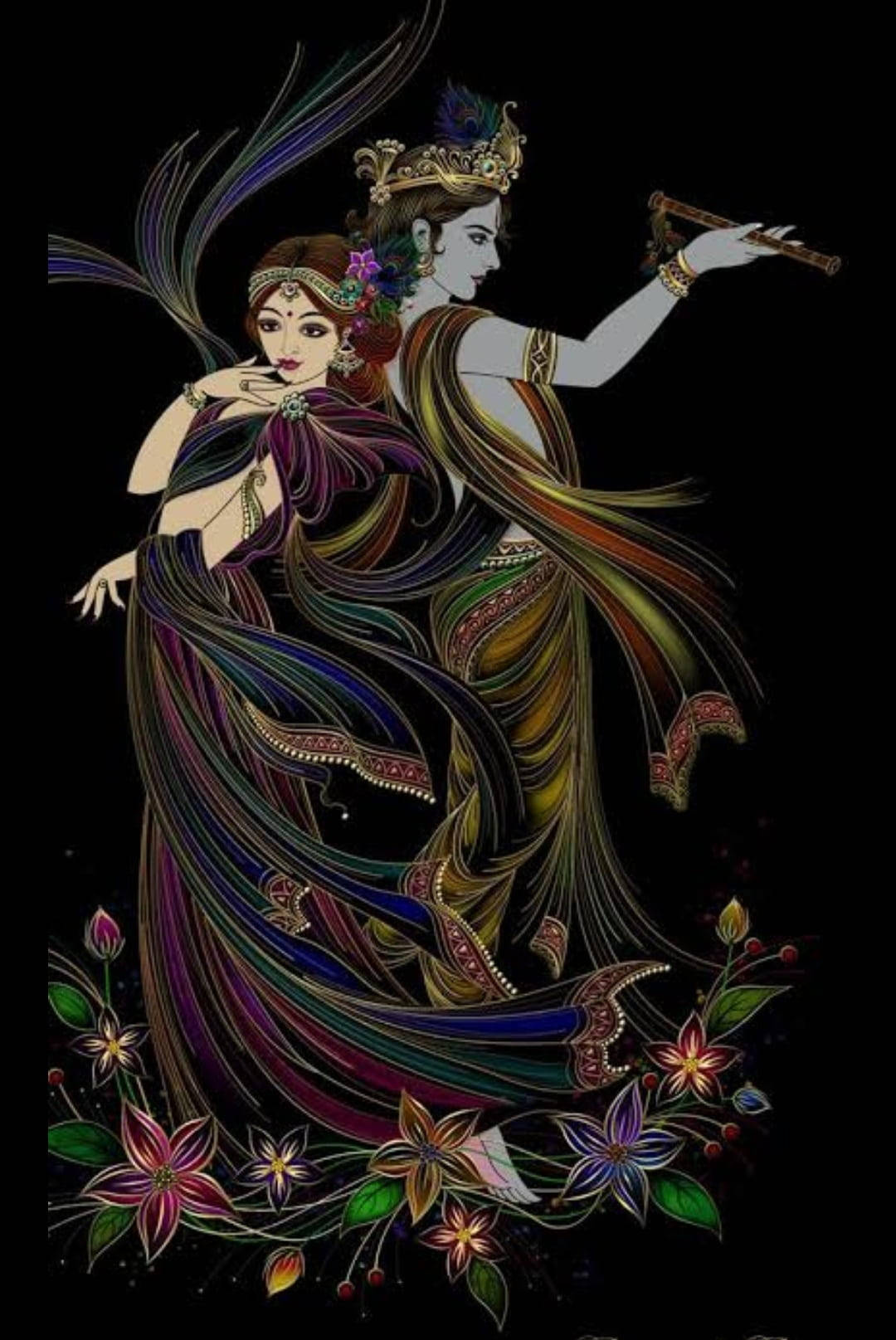krishna ji 桌布 壁紙 — 兩個優雅裝飾的人物穿著飄逸多彩的服裝，在帶有發光花卉裝飾的黑色背景前跳舞。