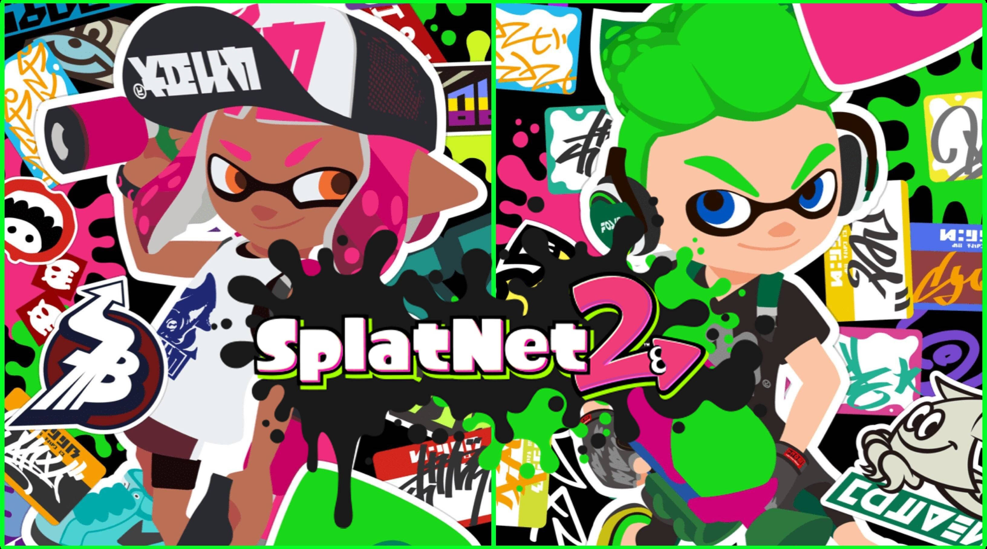 斯普拉遁 桌布 壁紙 — 兩個充滿活力的Splatoon 2角色在一個混亂的塗鴉背景前擺姿勢，背景充滿了墨水和遊戲標誌。