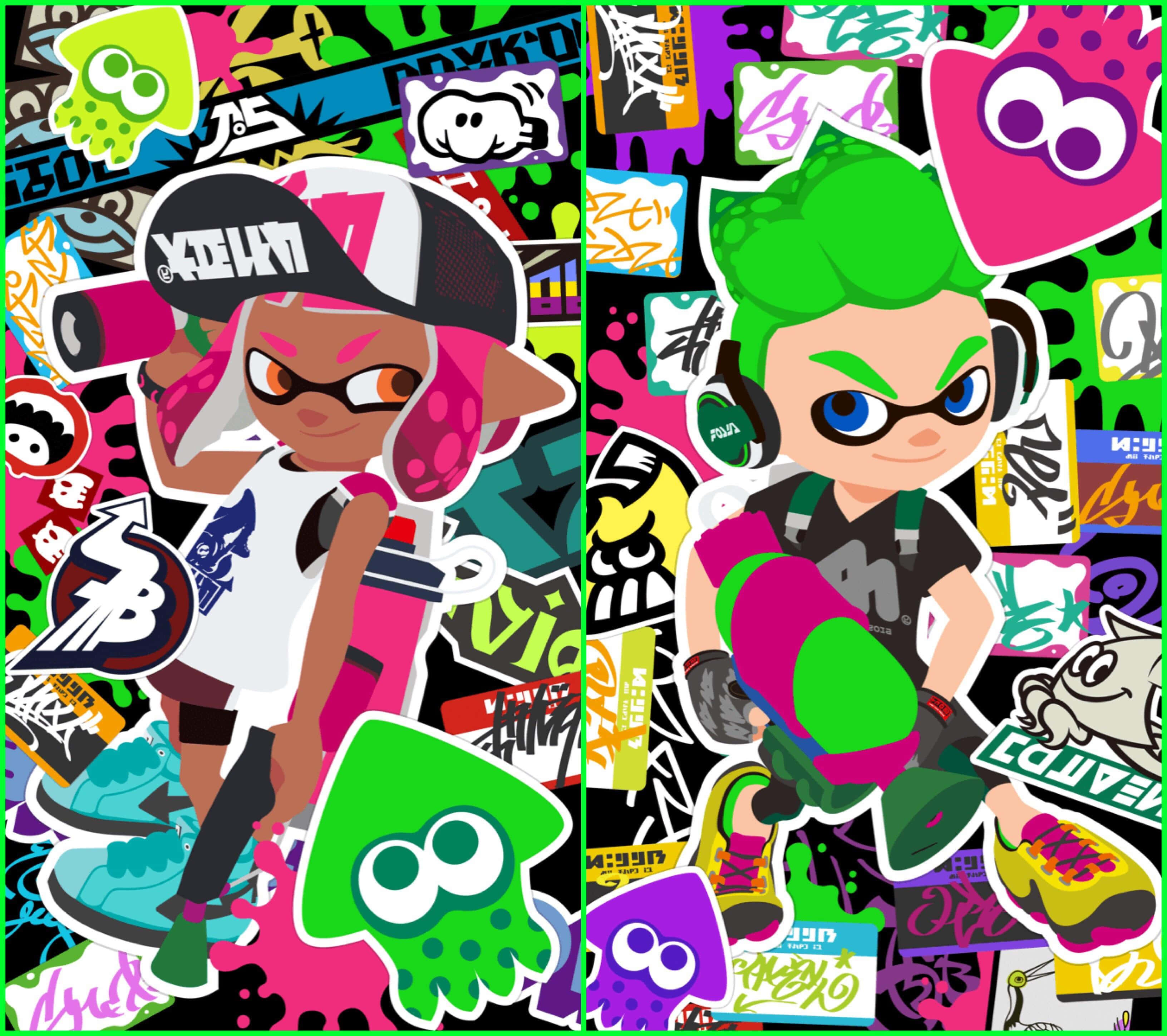 splatoon 2 桌布 壁紙 — 兩個充滿活力的Splatoon角色站在色彩繽紛的貼紙和塗鴉的混亂拼貼中。