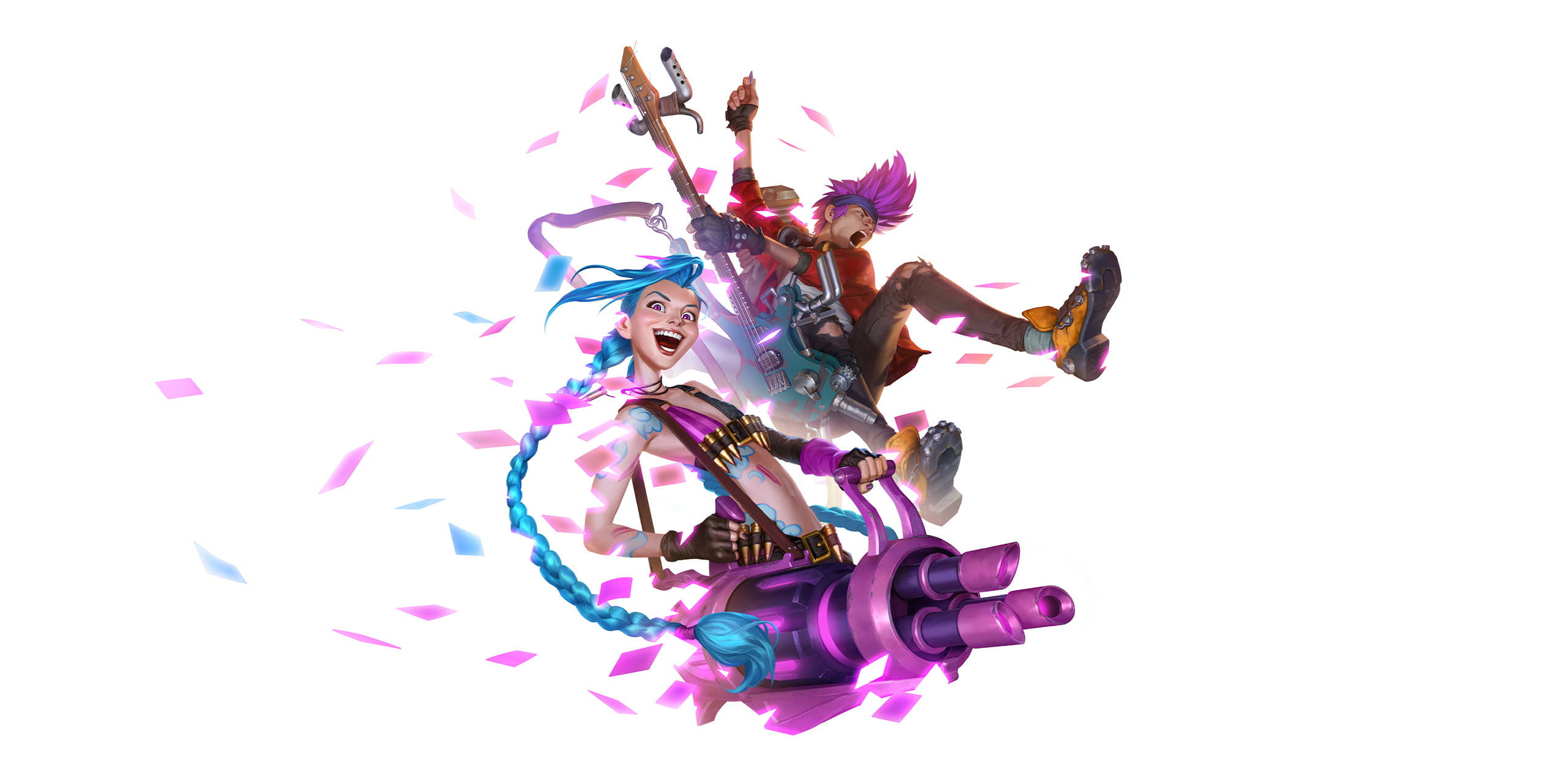 Jinx 桌布 壁紙 — 兩個充滿活力的動漫角色快樂地騎著紫色火箭，周圍爆發出五彩紙屑。