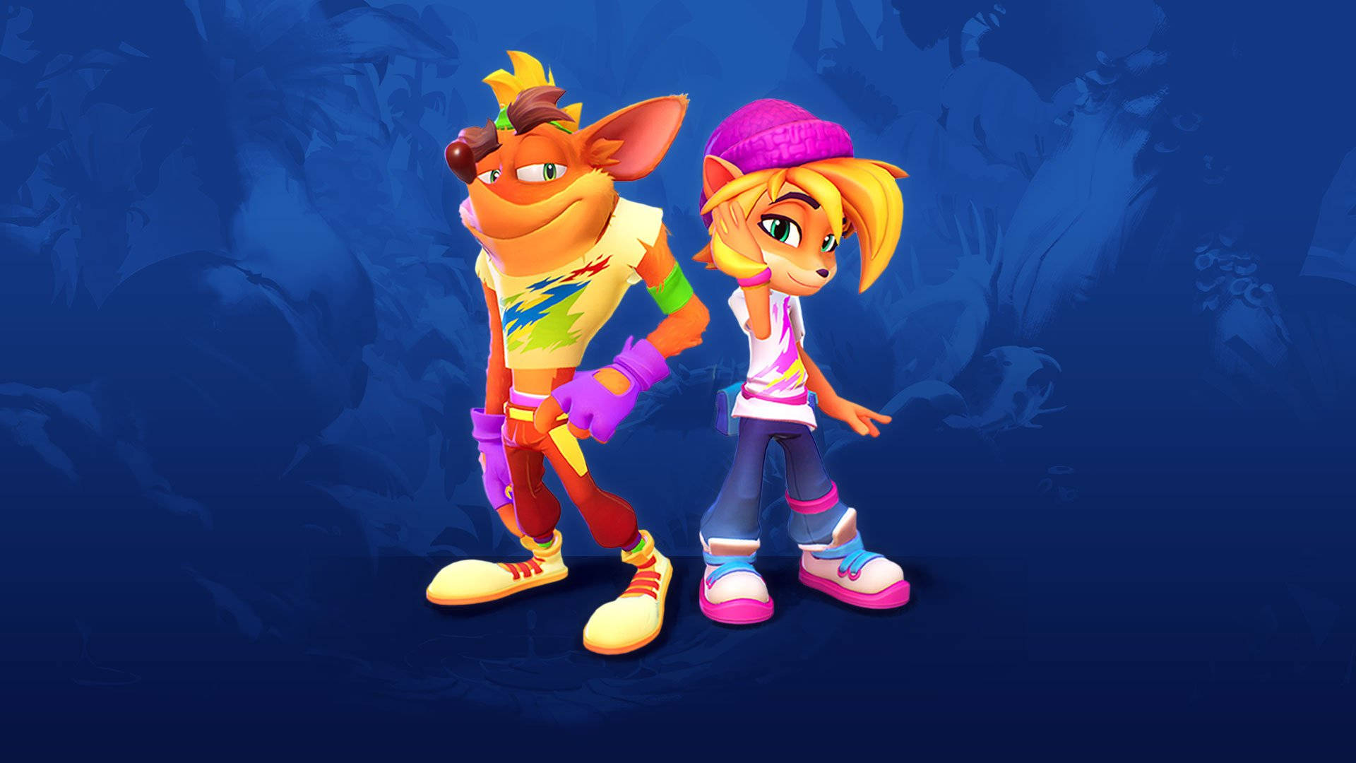 Bandicoot 桌布 壁紙 — 兩個充滿活力的卡通角色，一隻狐狸和一個穿著色彩繽紛服裝的女孩，自信地站在深藍色叢林背景前。
