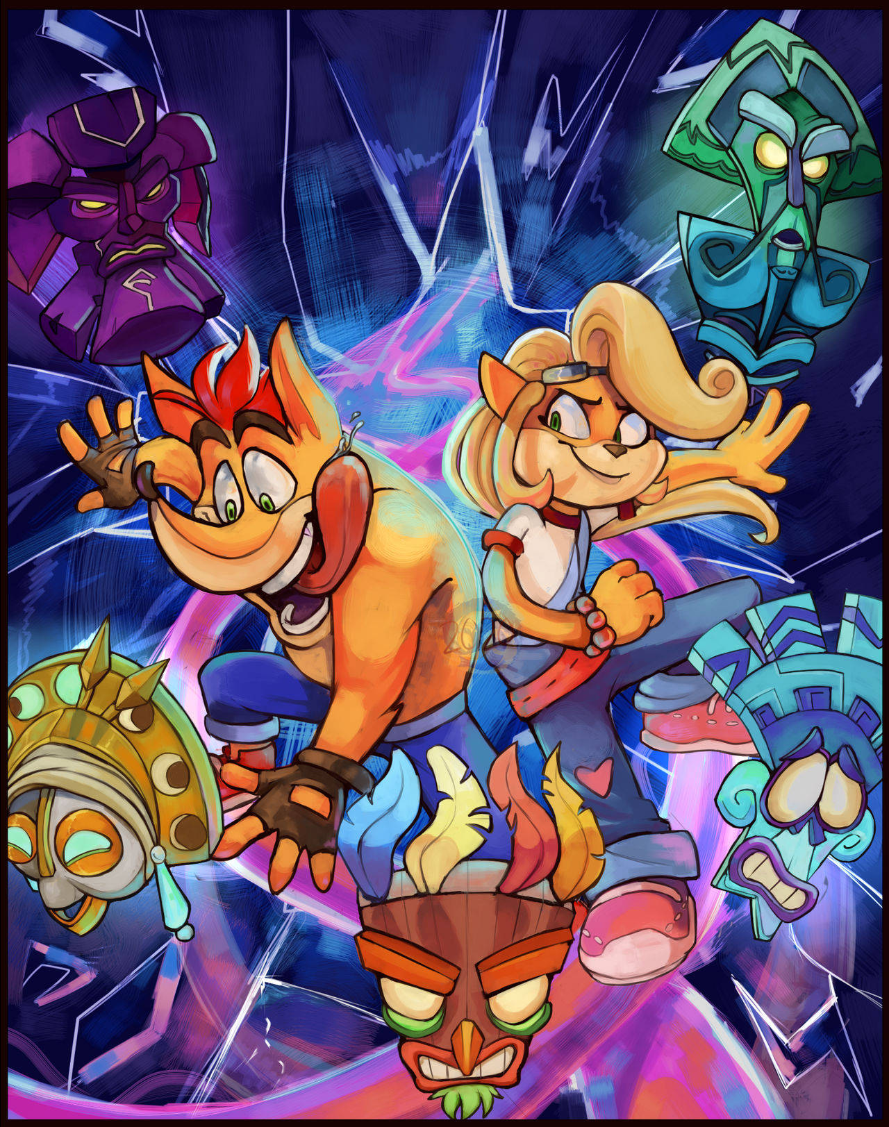 Bandicoot 桌布 壁紙 — 兩個充滿活力的卡通角色向前跳躍，被發光的部落面具包圍，背景是鮮豔的電藍色和紫色。