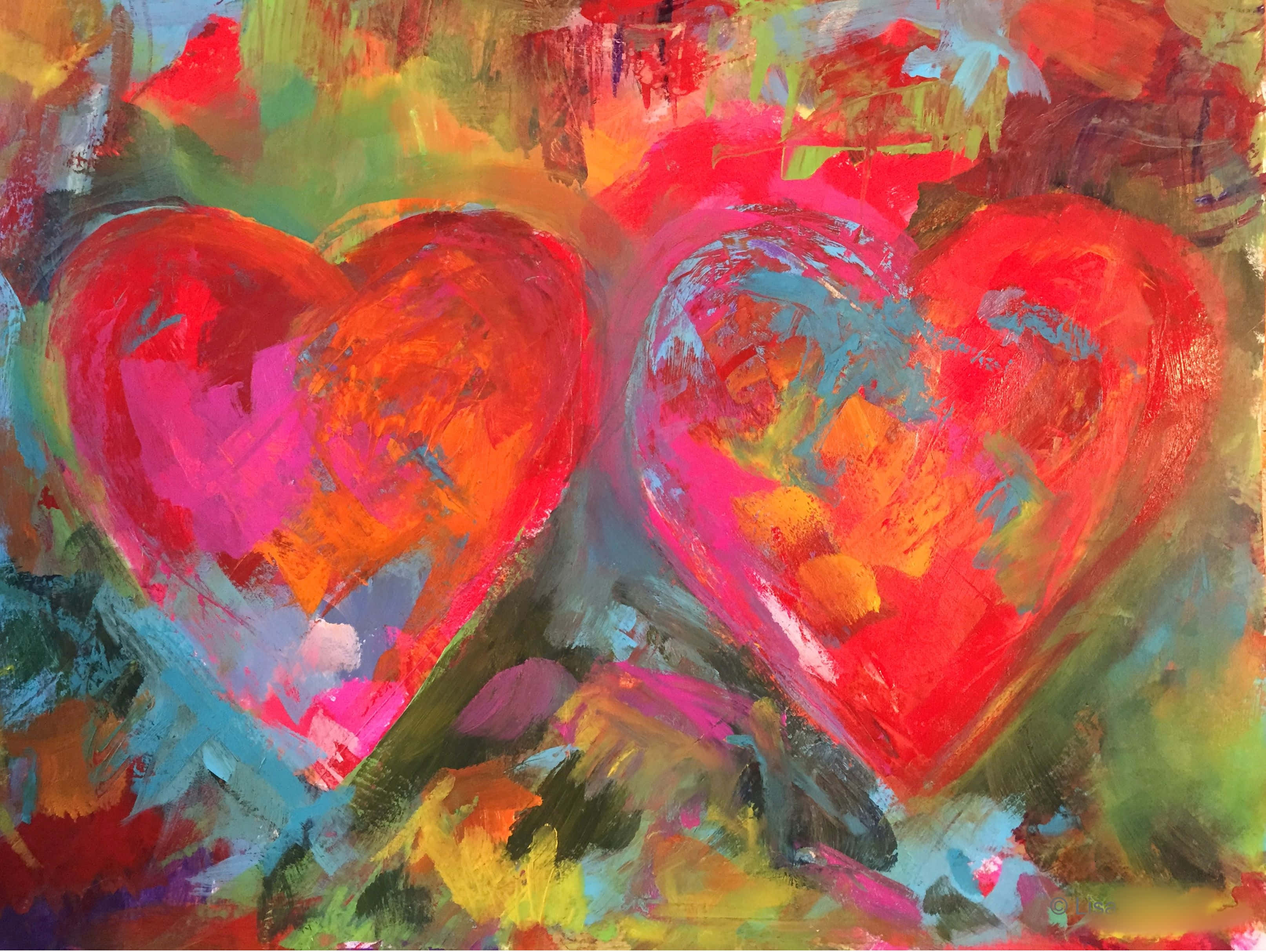 Heart Art 桌布 壁紙 — 兩個充滿活力的抽象心形，以大膽的紅色、粉紅色和橙色繪製，背景混亂多彩。