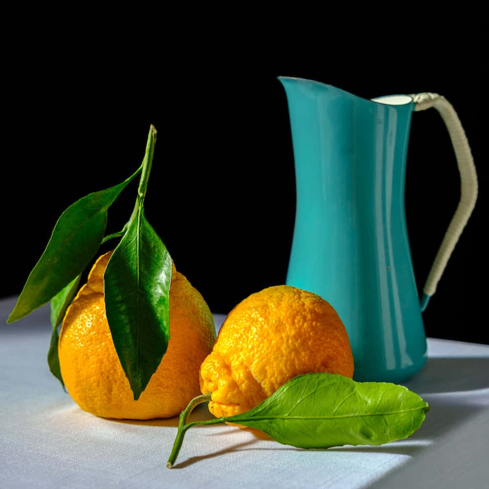 still life 桌布 壁紙 — 兩個充滿活力的柑橘類水果，帶有綠色葉子，放在白色布上，旁邊有一個青綠色水壺，背景為黑色。