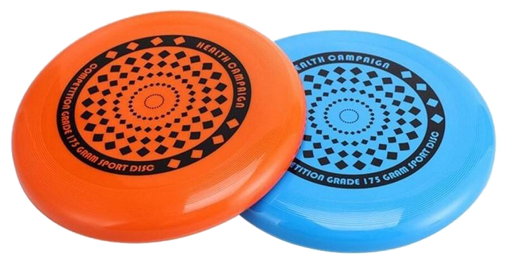 Frisbee 桌布 壁紙 — 兩個充滿活力的橙色和藍色競賽飛盤，帶有幾何圖案和文字，重疊在純白色背景上。
