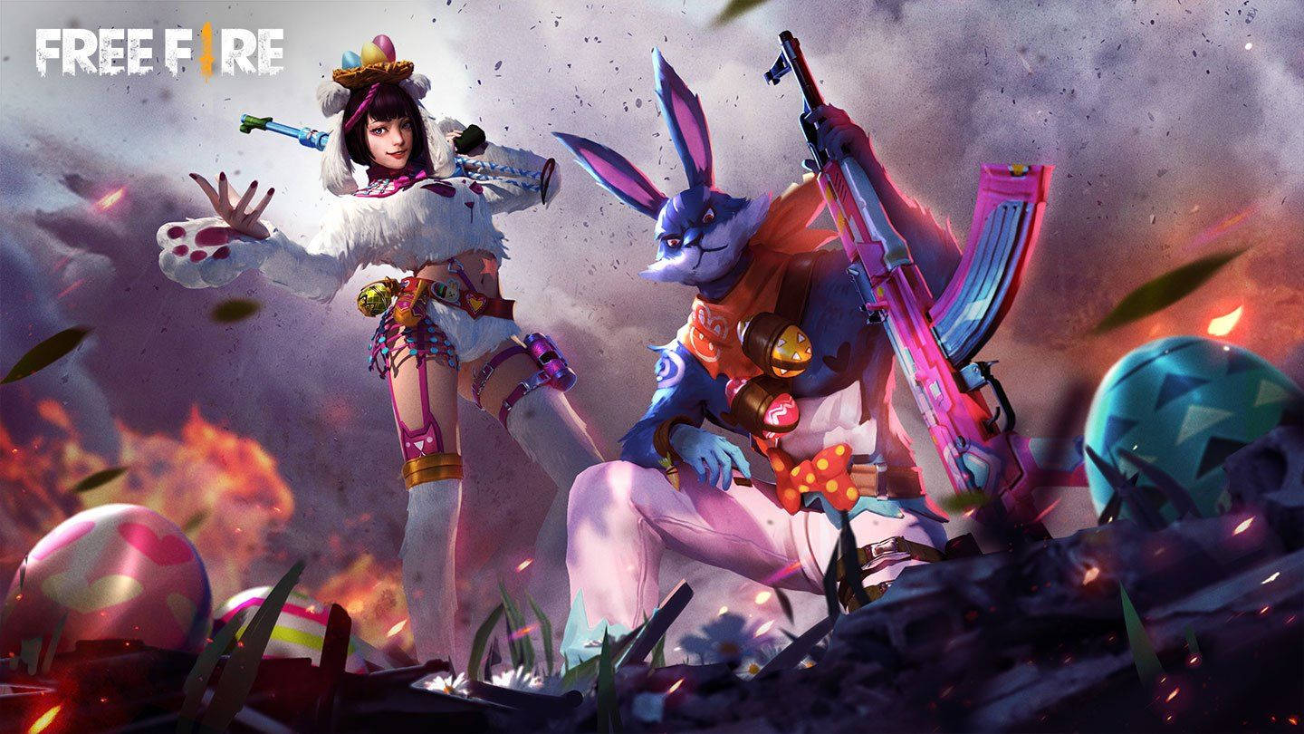Garena 桌布 壁紙 — 兩個充滿活力的遊戲角色，一個穿著白色毛皮的女孩和一個拿著發光武器的兔子戰士，站在熾熱的爆炸和彩色雞蛋中。