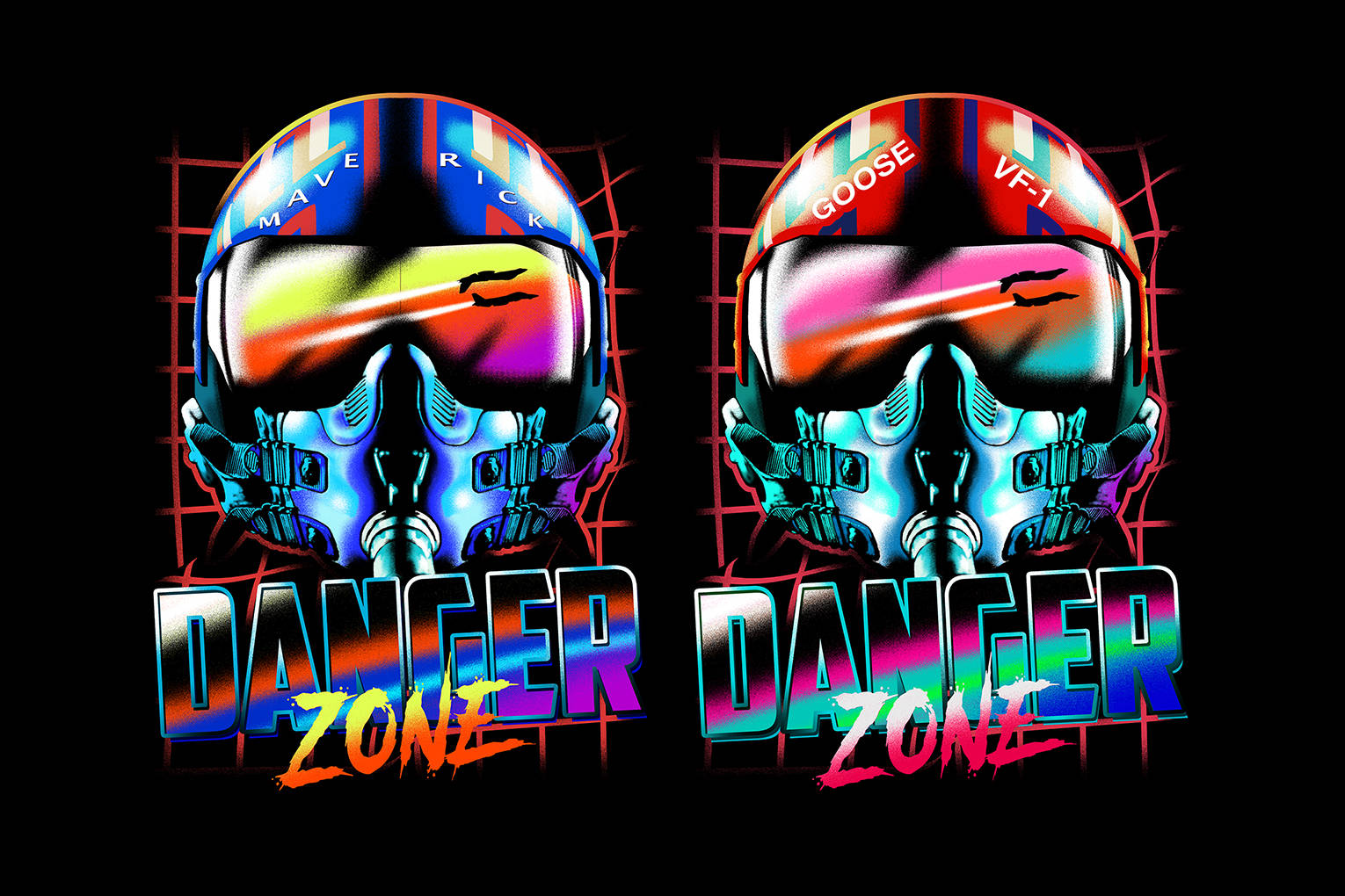 兩個彩色賽車頭盔，標有 Mave Rick 和 Goose VF-1，並帶有 Danger Zone 文字。 — 捍衛戰士：獨行俠 壁紙