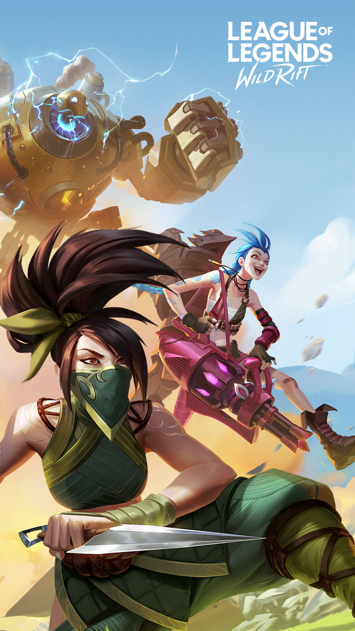 3d League Of Legends 桌布 壁紙 — 兩個兇猛的《英雄聯盟》角色在明亮的天空下與一個巨大的機械怪物戰鬥。