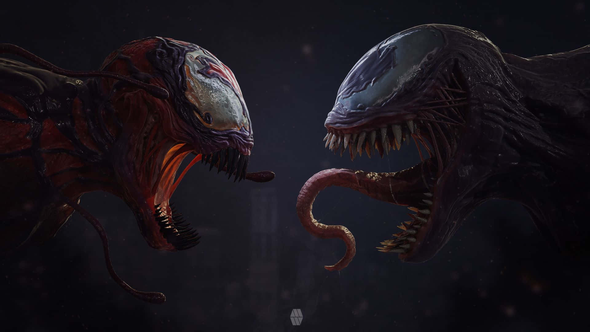 Carnage Vs Venom 桌布 壁紙 — 兩個兇猛的共生生物在黑暗的宇宙虛空中對峙，眼睛發光，牙齒鋒利。