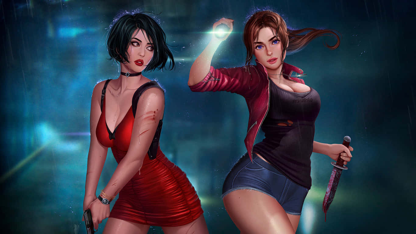 1366x768 Resident Evil 2 桌布 壁紙 — 兩個兇猛的動漫風格女性在雨夜都市場景中，一個揮舞著發光球體，另一個拿著刀，兩人都準備好戰鬥。