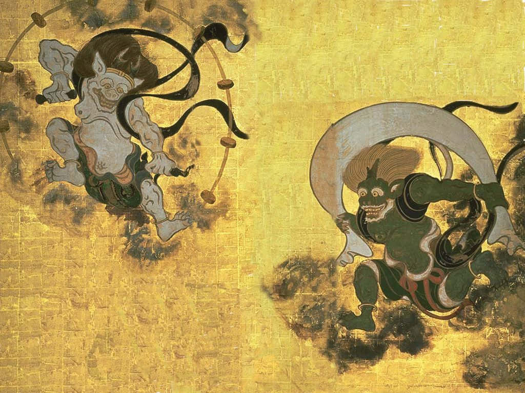 Raijin 桌布 壁紙 — 兩個兇猛的日本鬼怪在帶有紋理的金色背景上動態碰撞。