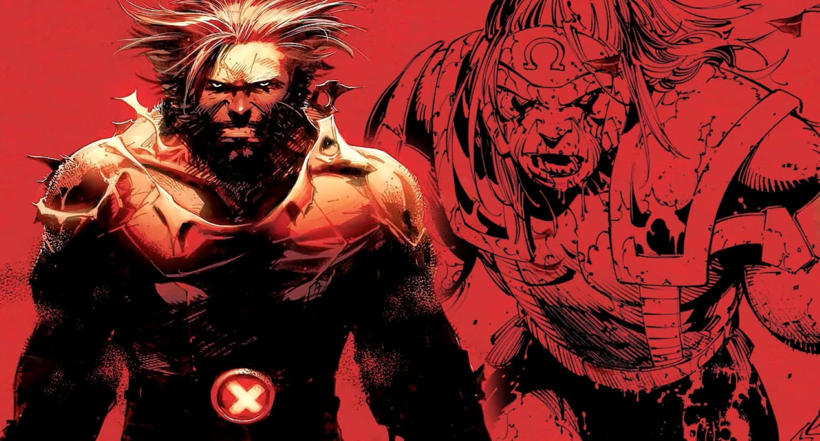 Omega Red 桌布 壁紙 — 兩個兇猛的漫畫角色，頭髮尖刺，身穿戰鬥盔甲，站在鮮紅色的背景前。