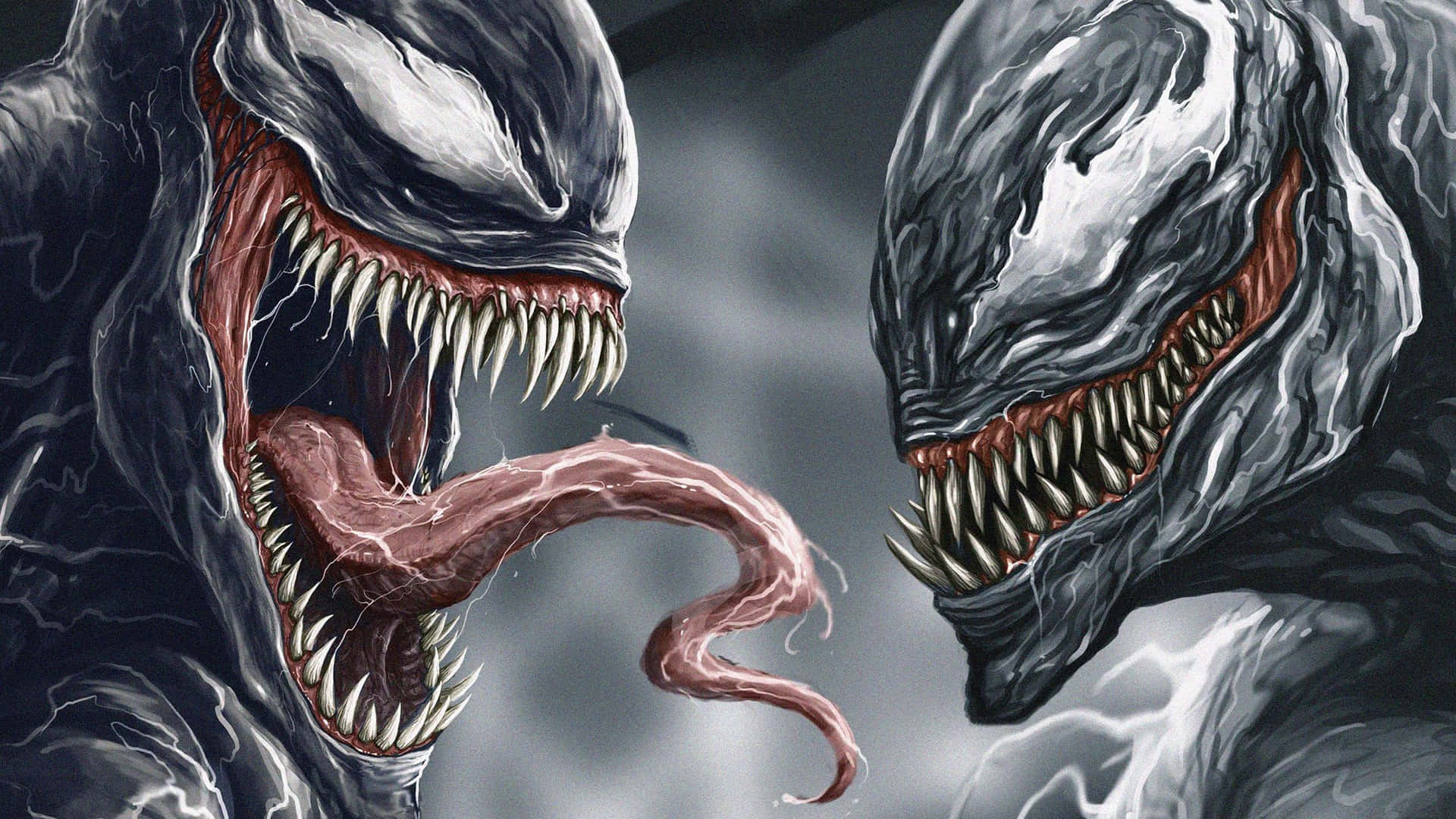 Symbiote 桌布 壁紙 — 兩個兇猛的猛毒共生體張開大嘴，伸出舌頭，在暴風雨的灰色背景下對峙。