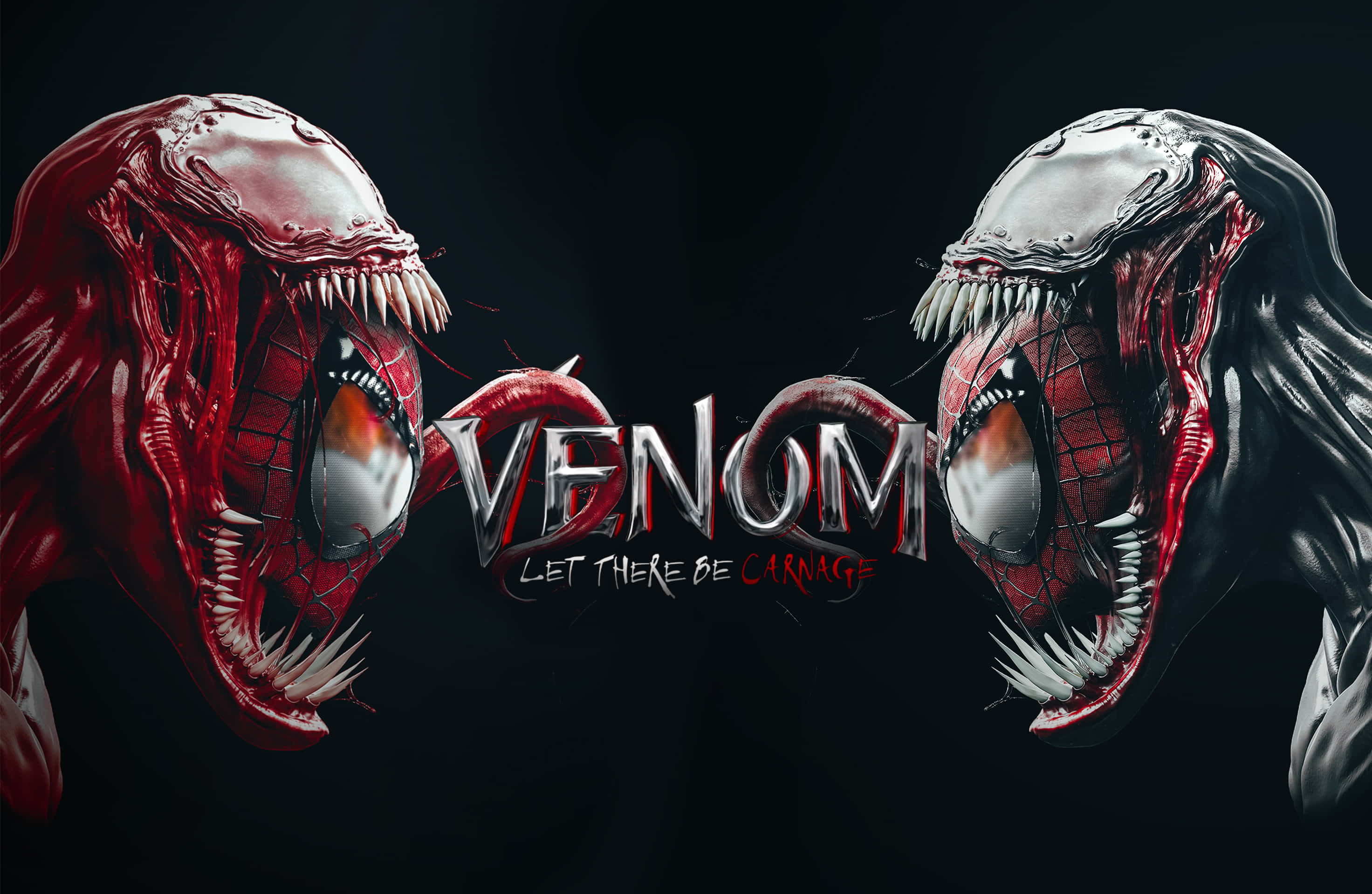 Carnage Vs Venom 桌布 壁紙 — 兩個兇猛的猛毒與血蜘蛛角色在黑色背景前對峙，眼睛發光，牙齒鋒利。