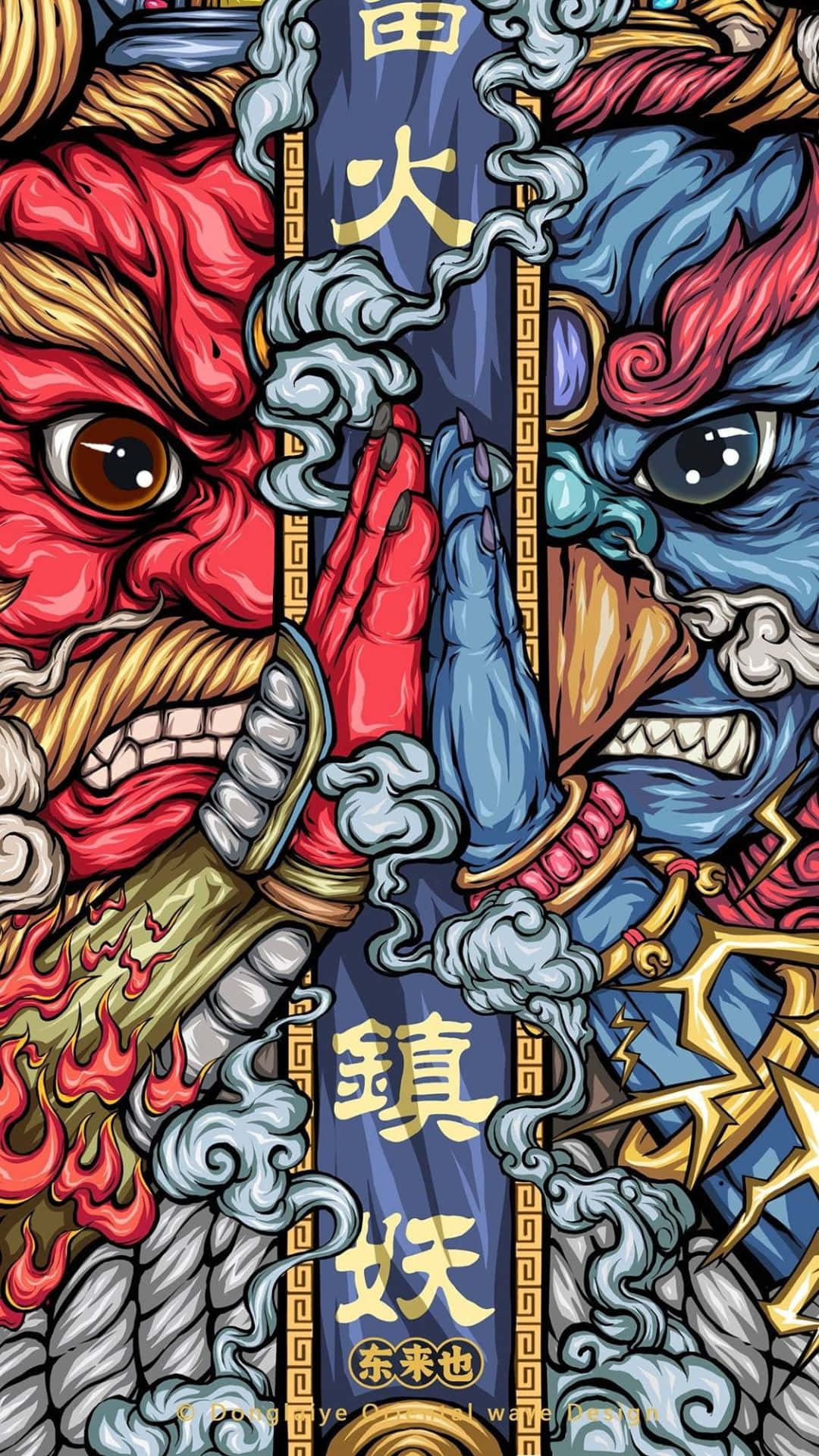 桌布 壁紙 — 兩個兇猛的紅色和藍色惡魔面孔，手持華麗武器和旋轉雲朵，生動地對峙的插圖。
