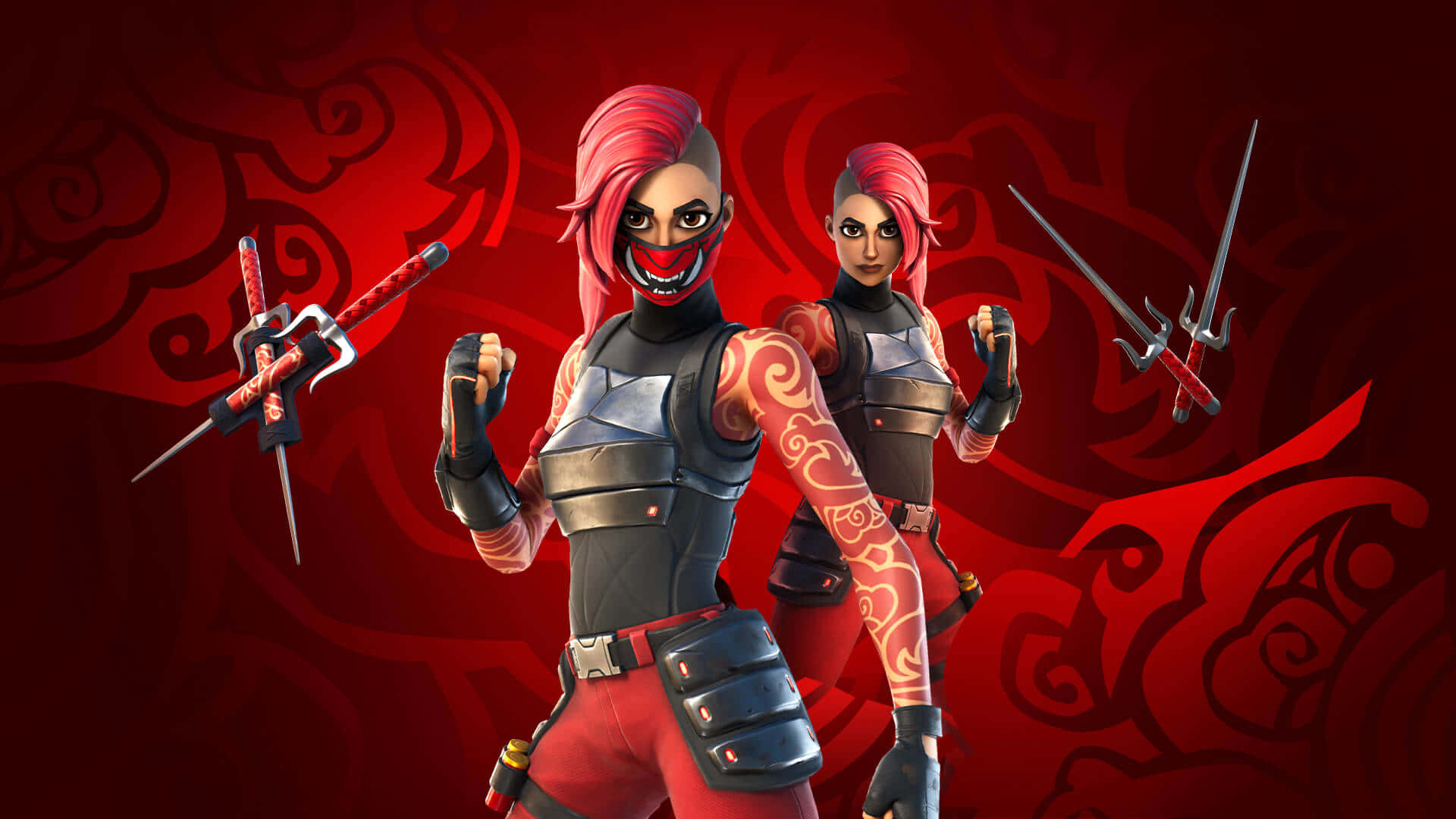Fortnite 桌布 壁紙 — 兩個兇猛的紅髮忍者戰士穿著黑色盔甲，手持飛鏢和劍，在旋轉的紅色背景前準備就緒。