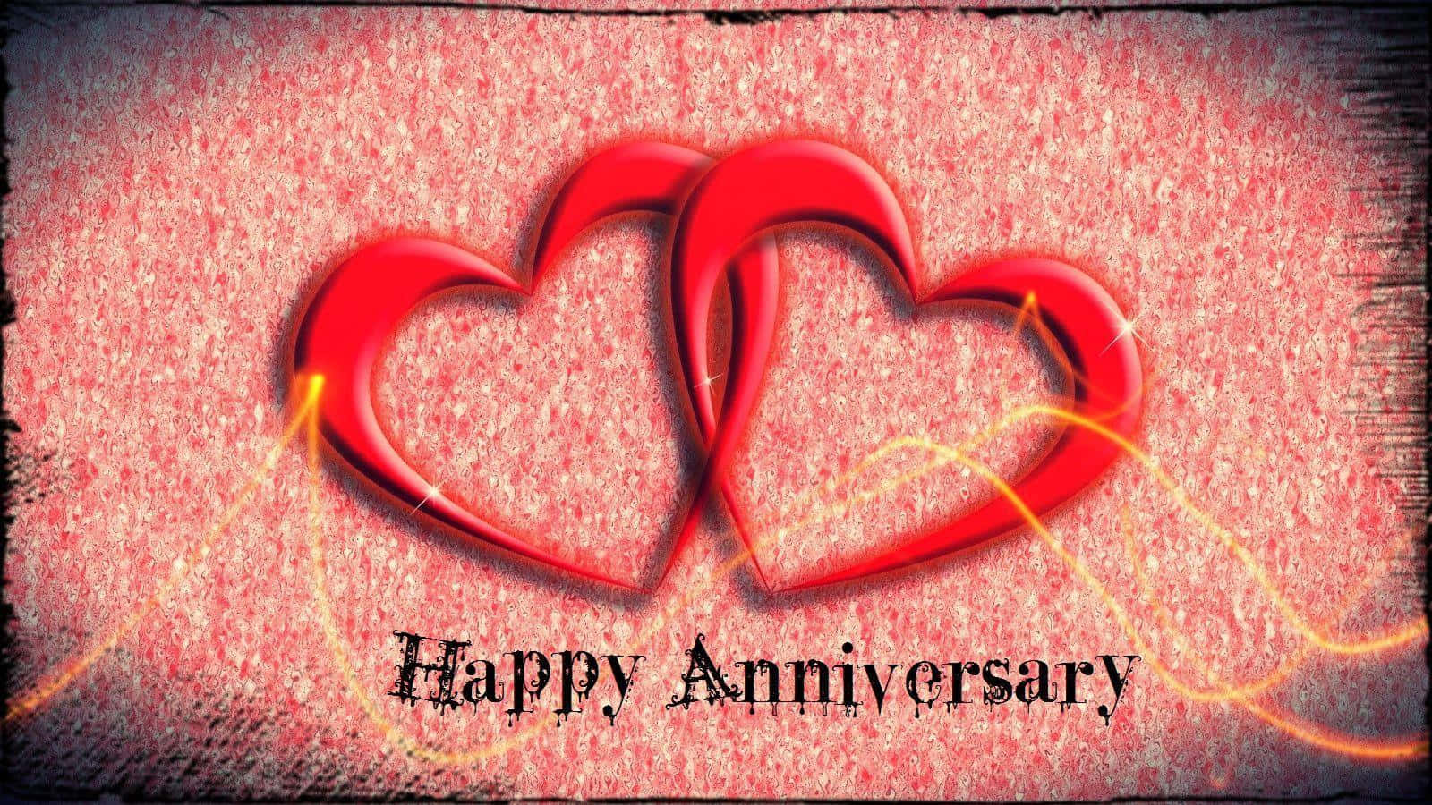 Anniversary 桌布 壁紙 — 兩個光滑的紅色心形在帶有紋理的粉紅色背景上交織在一起，帶有發光線條和「Happy Anniversary」文字。