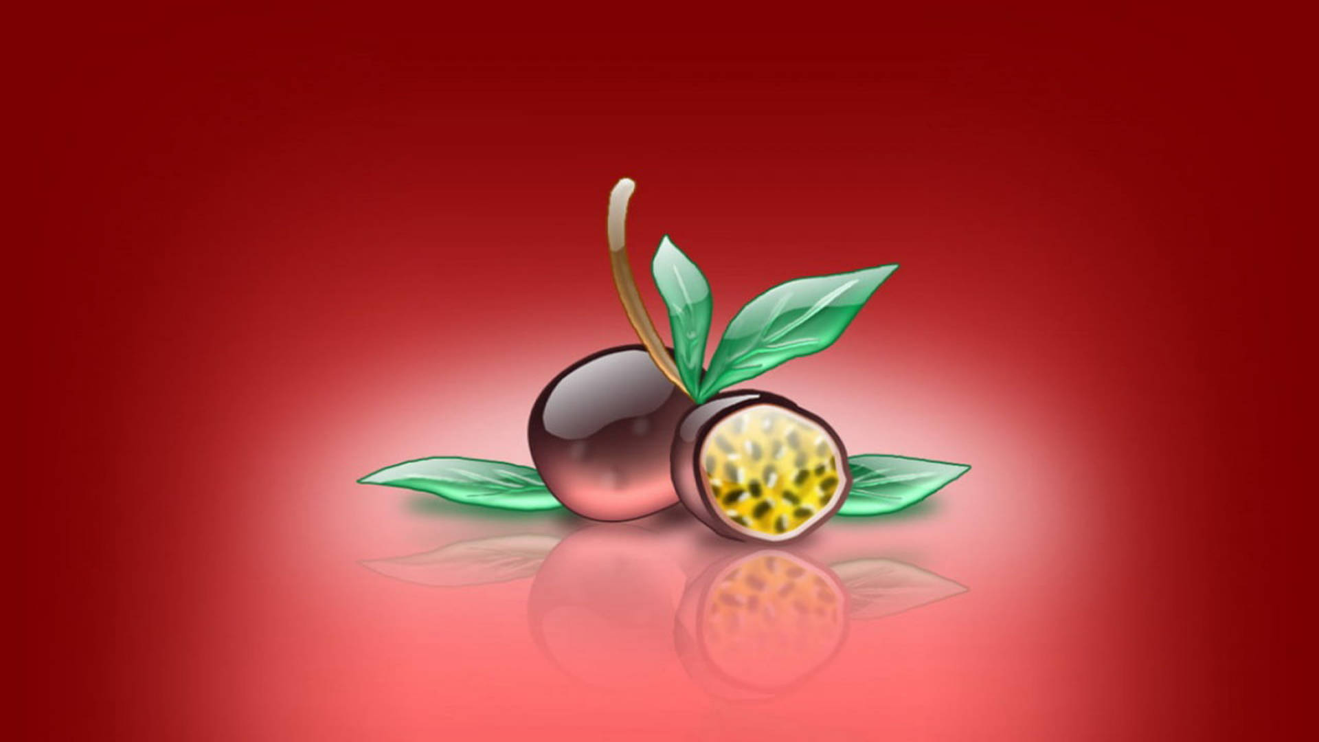 Fruits 桌布 壁紙 — 兩個光澤的百香果，其中一個切開露出黃色種子，放在充滿活力的紅色漸變背景上，配有綠葉和柔和反射。