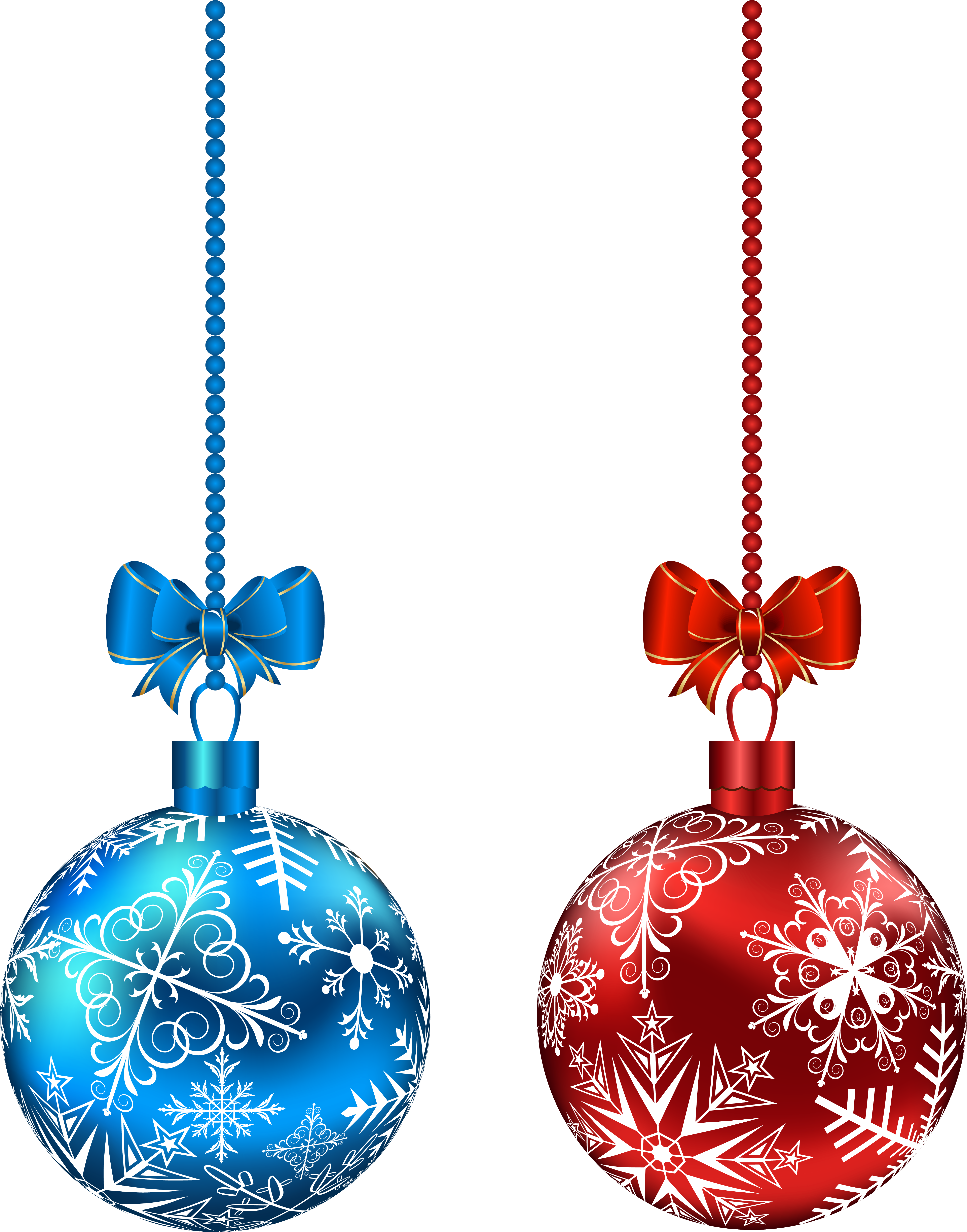 Clip Art 桌布 壁紙 — 兩個光澤的聖誕裝飾球——一個藍色帶白色雪花，一個紅色帶白色雪花——掛在黑色背景上。