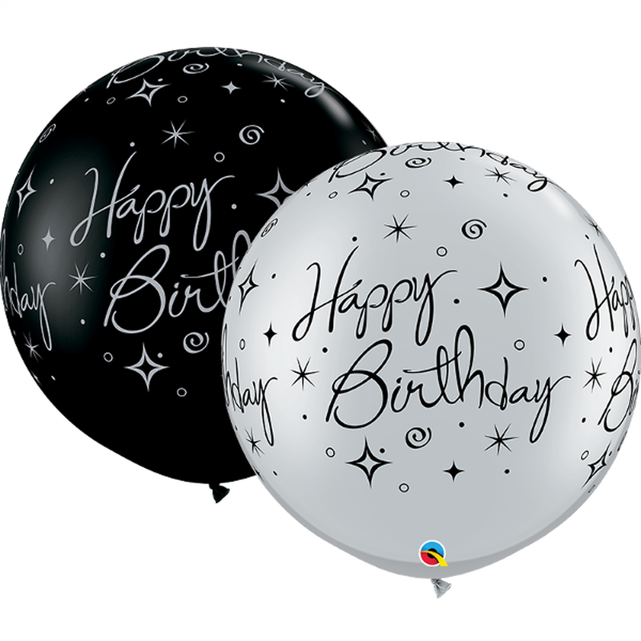 Happy Birthday Balloons 桌布 壁紙 — 兩個光面氣球，一個黑色一個銀色，均帶有優雅的手寫體生日快樂文字和閃爍星星圖案，背景為純黑色。