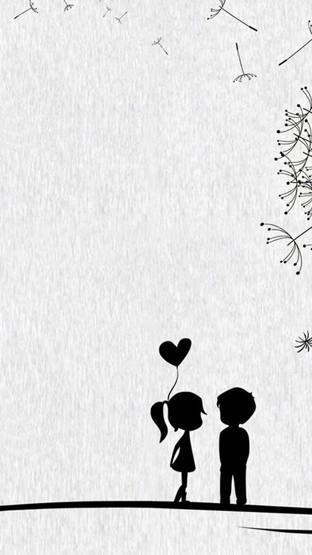 iPhone Simple Cute 桌布 壁紙 — 兩個兒童剪影站在一條線上，仰望漂浮的蒲公英種子，背景為紋理白色。
