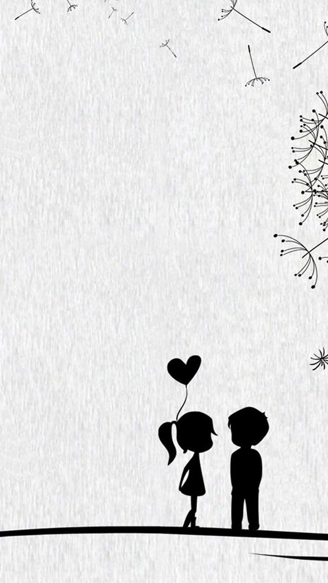 Lovers 桌布 壁紙 — 兩個兒童剪影站在一條線上，凝視著漂浮的蒲公英種子，其中一個拿著心形氣球。