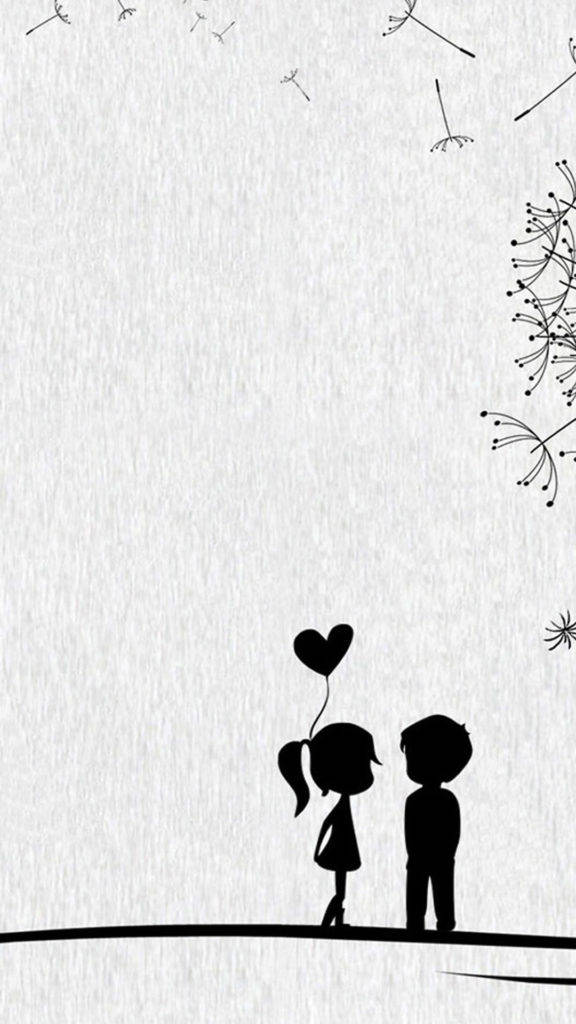 Love iPhone 桌布 壁紙 — 兩個兒童剪影站在一條線上向上凝視，蒲公英種子在紋理白色背景上飄走。