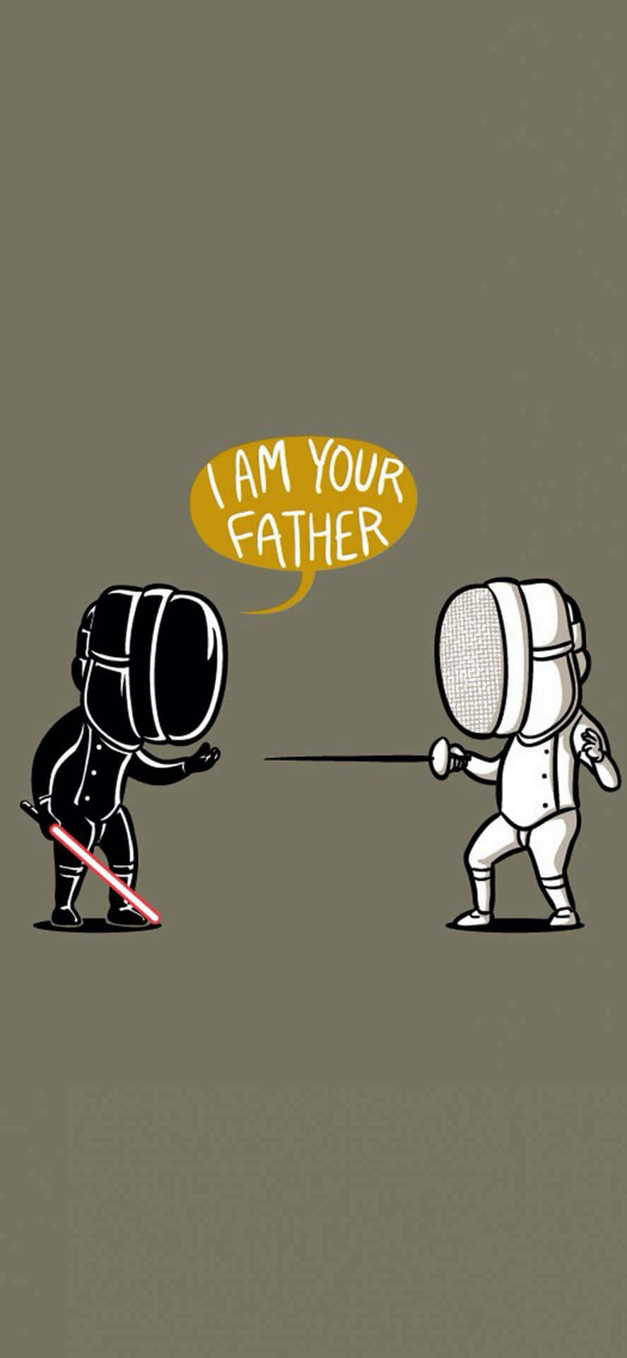 Funny Star Wars 桌布 壁紙 — 兩個全副武裝的卡通劍擊手對峙，一個拿著光劍，另一個拿著花劍，對話氣泡上寫著「我是你爸爸」。