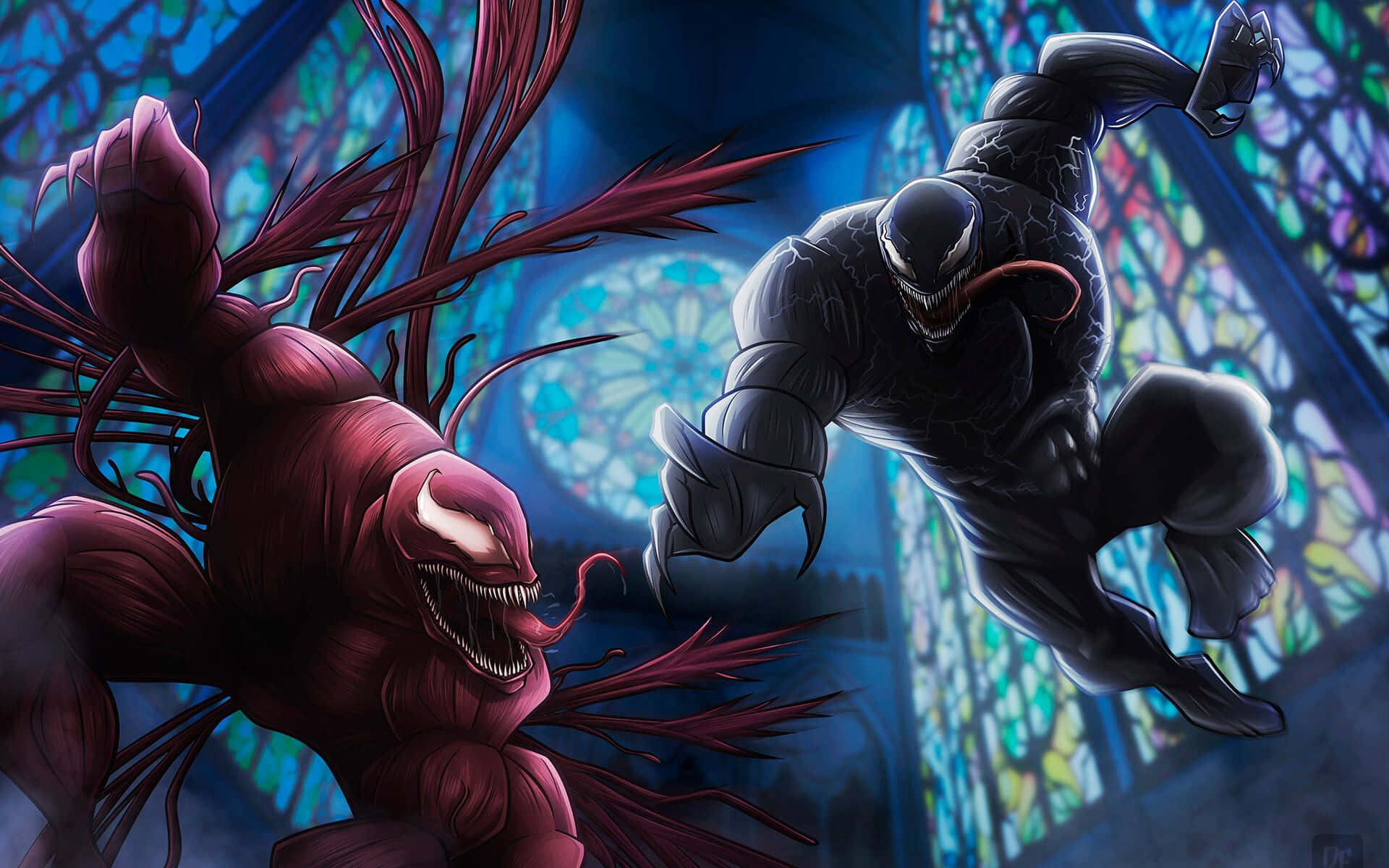 Carnage Vs Venom 桌布 壁紙 — 兩個共生體反派猛毒和屠殺在彩色玻璃窗背景下動態碰撞。