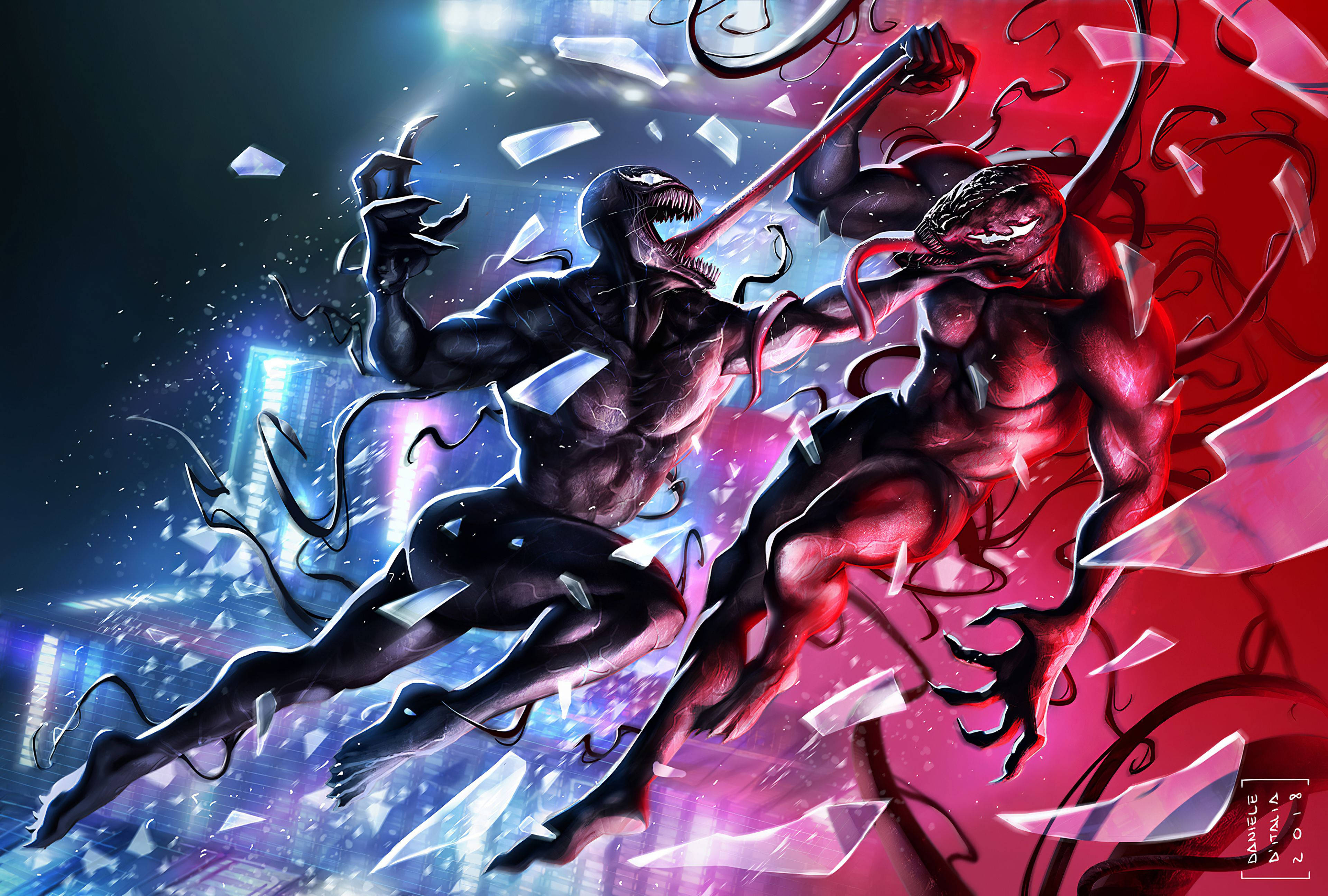 carnage 4K 桌布 壁紙 — 兩個共生體戰士在霓虹燈下破碎的玻璃城市景觀中交鋒。