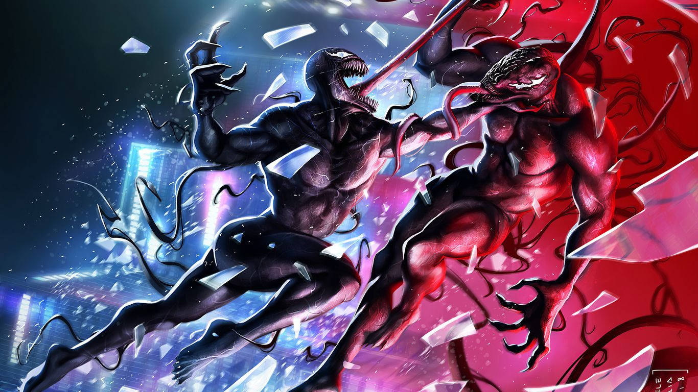 Venom Carnage 桌布 壁紙 — 兩個共生體戰士在霓虹燈和飛濺的玻璃碎片下，於破碎的城市戰場上交鋒。