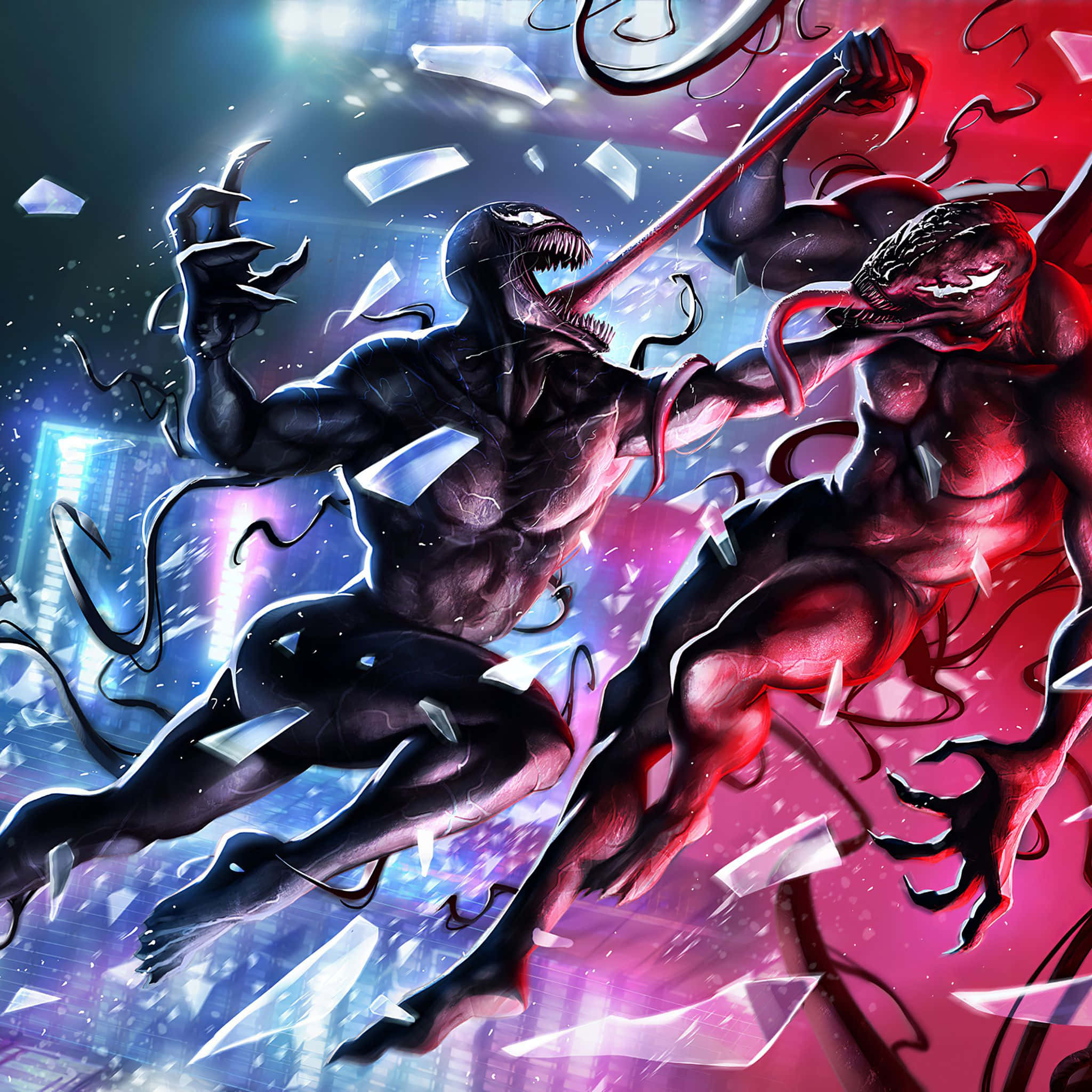 Carnage Vs Venom 桌布 壁紙 — 兩個共生體戰士在霓虹燈照亮的城市戰場中，於破碎的玻璃間激烈交鋒。
