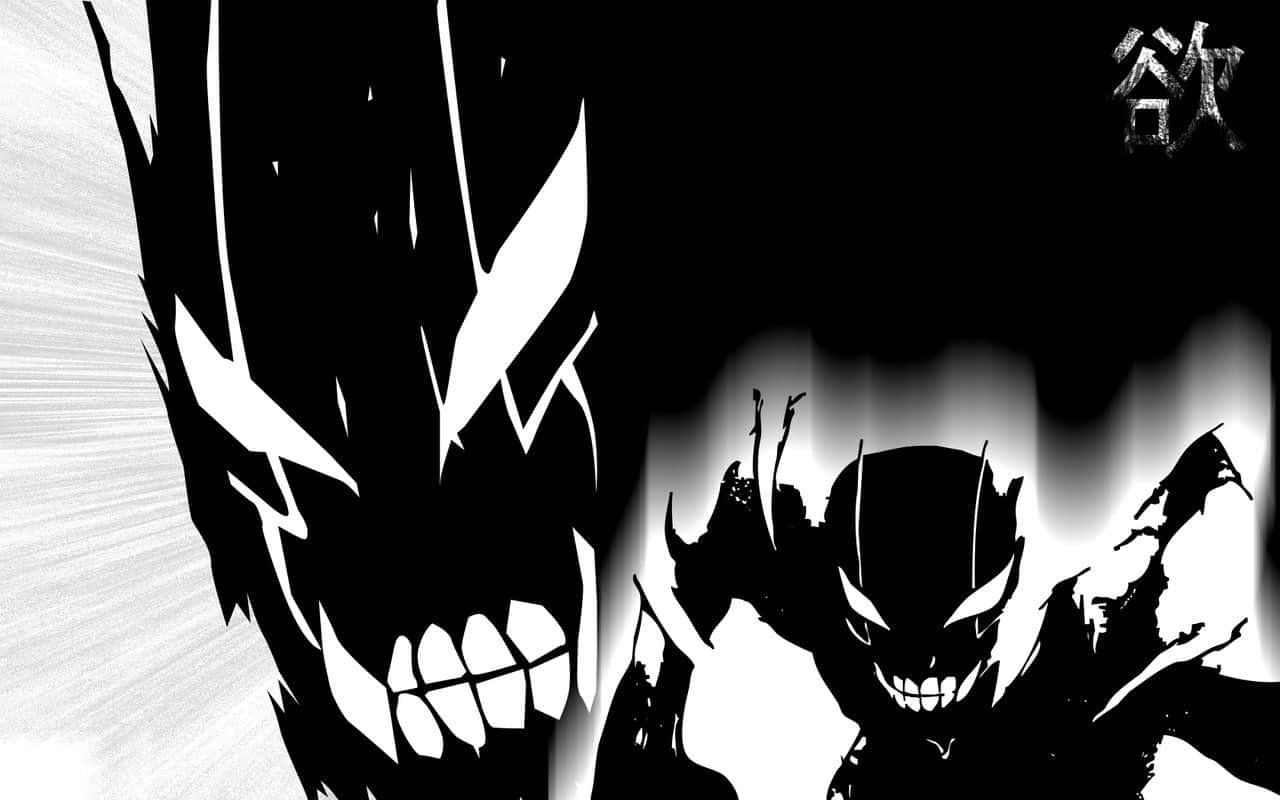 Greed 桌布 壁紙 — 兩個具有鋒利牙齒和發光眼睛的威脅性動漫風格惡魔形象，在一幅高對比度的黑白插圖中碰撞。
